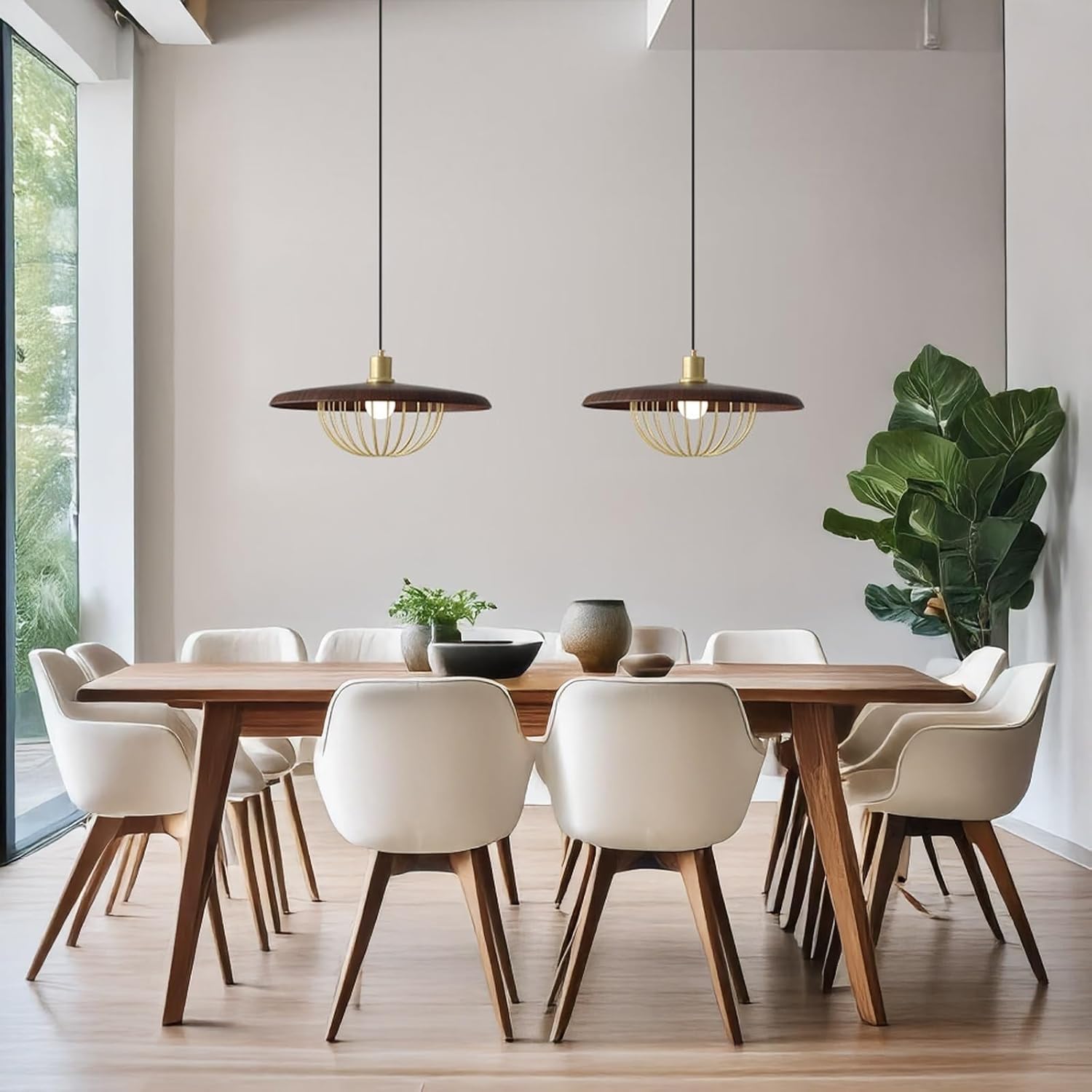 Nordic Pendant Light, Wood and Iron 17.7" Shade with Gold Cage Accent, Hanging Lamp, Ceiling Light for Dining Room, Kitchen Island, Breakfast Nook, Entryway, Loft, Parlour(Yellow,Small)