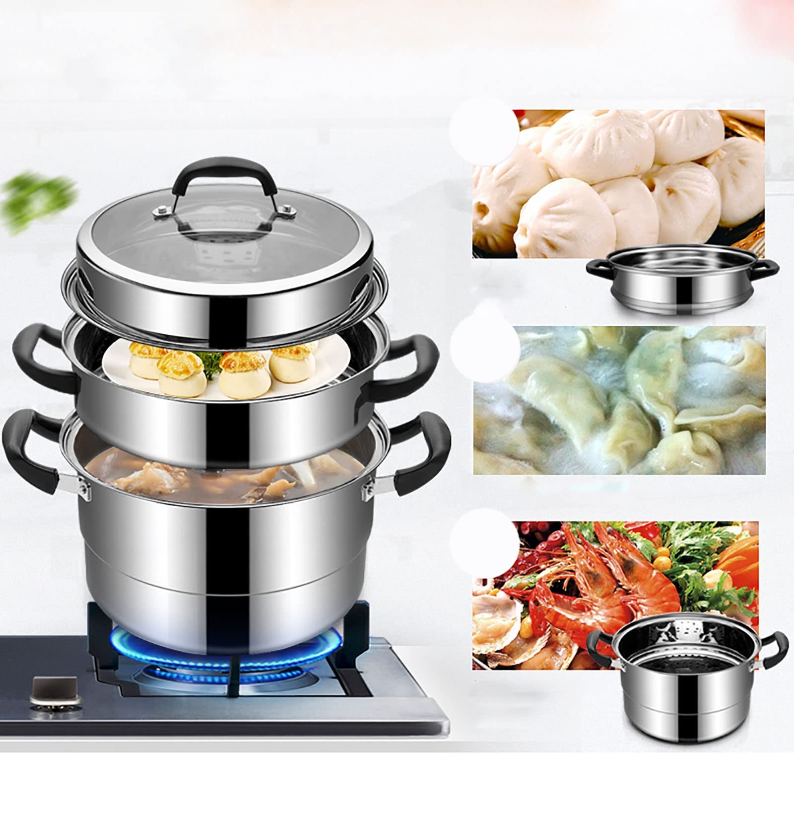 Pot à Nouilles Thaï En Inox 30 Cm Avec Couvercle Et 3 Compartiments - NEUF