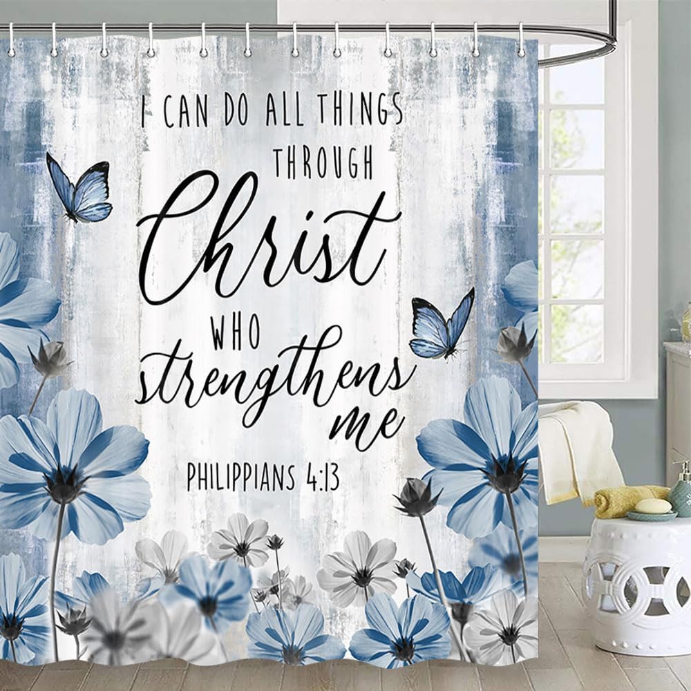 JAWO Inspirational Quote Shower Curtain, I Can Do Everything Through Him Who Gives Me Strength Bible Verse Scripture Quotes Shower Curtain Set with Hooks, 72X78 inch, Blue