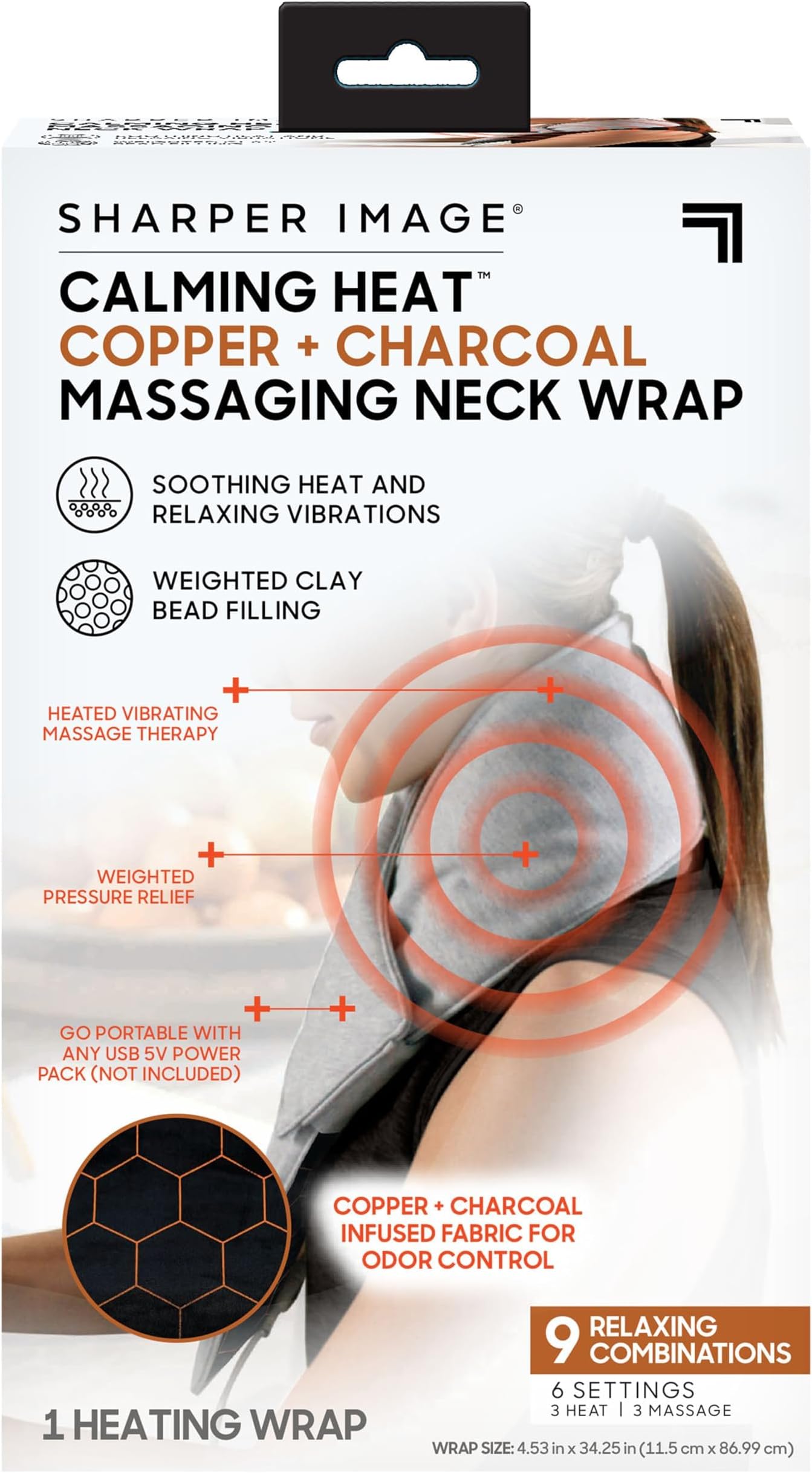 Calming Heat Neck Wrap by Sharper Image | Weighted Copper & Charcoal, Heating Pad, Auto Shut-Off Feature, Gift for Holidays, Women & Men | 3 Heat & 3 Vibrating Massage Settings
