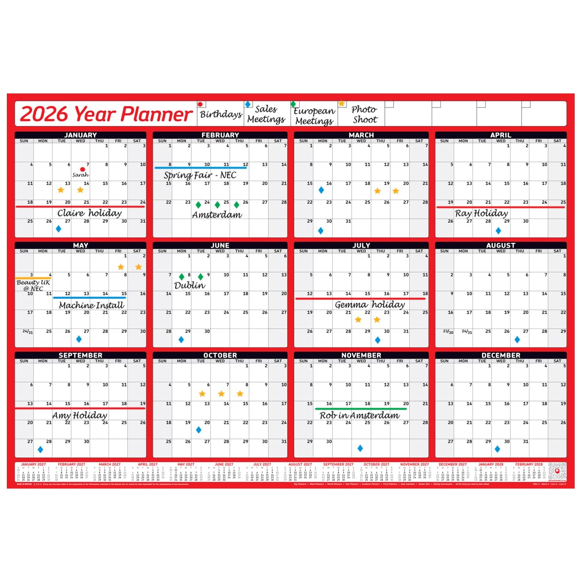 PlannerHead 2026 Grid Style Unmounted & Unlaminated Wall Planner Calendar Chart Poster 12 Months/Yearly Calendar 2026/2027 Footnote/Flexible for Any Country/Red Gigantic (90x135cm)