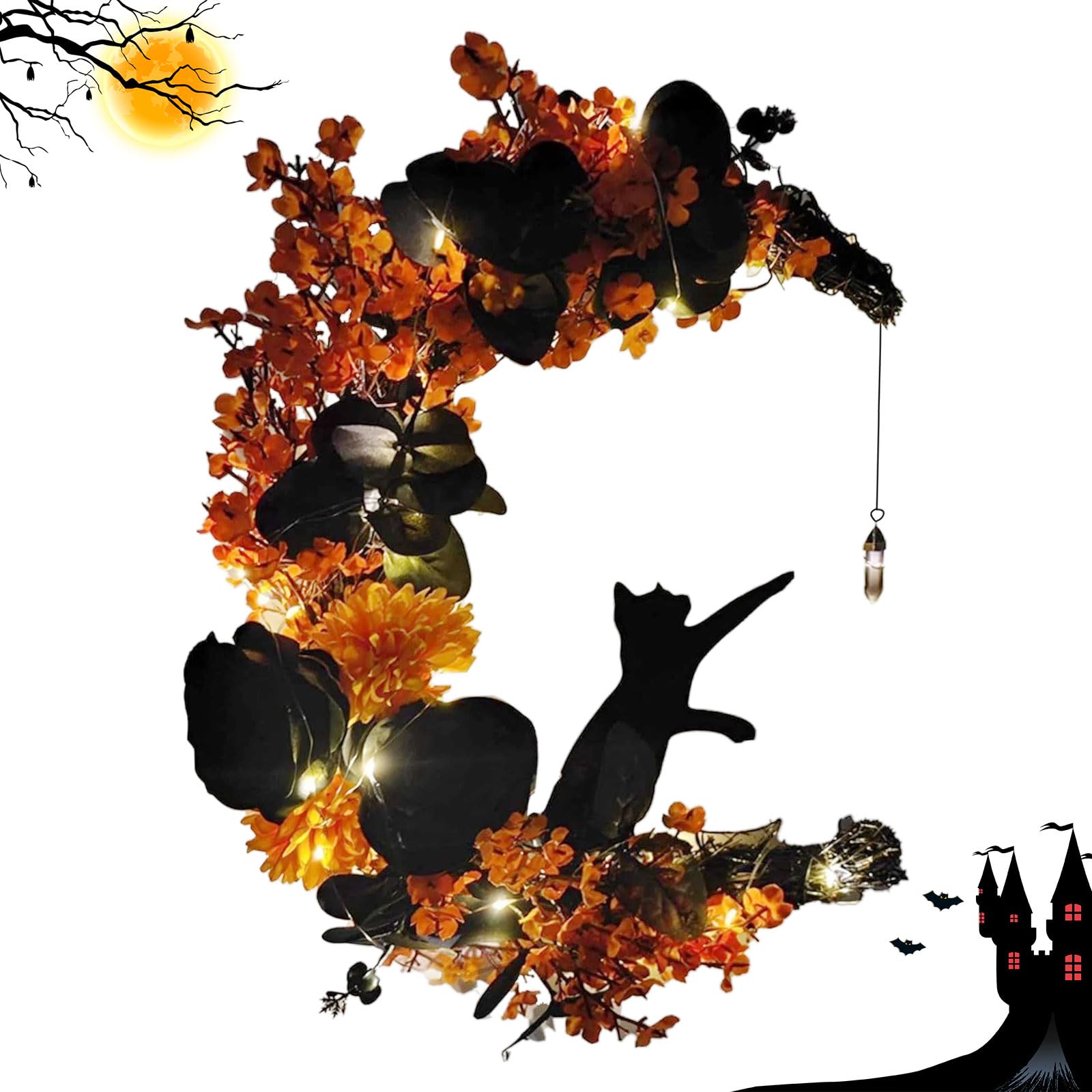 Halloween Black Moon Cat Wreath Signs for Front Door with Lights,Handcrafted Halloween Horror Wreath for Indoor Outdoor Party Window Wall Decor