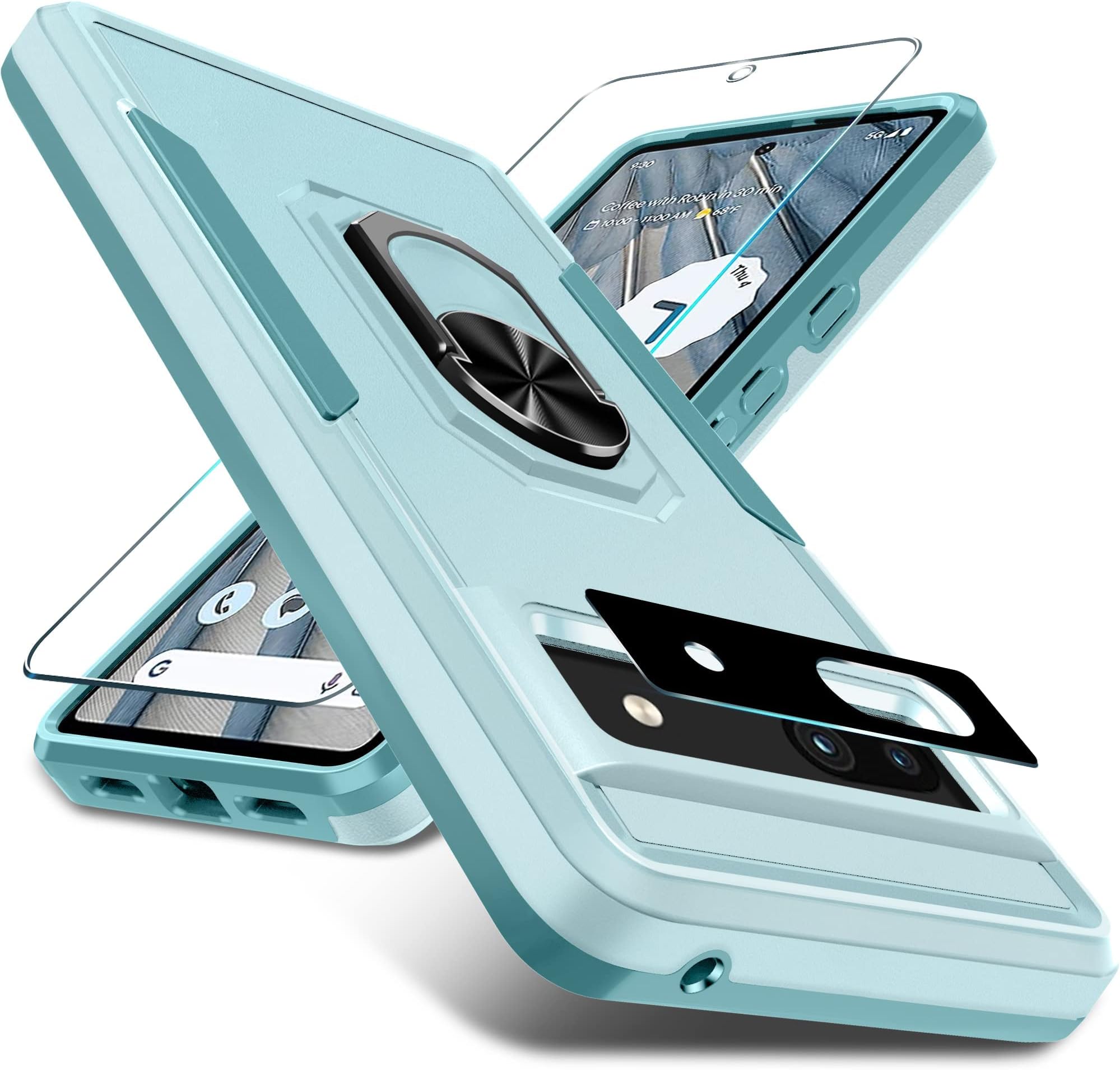 NALACAL for Google Pixel 7a Case with Screen Protector + Camera Lens Protector,Heavy Duty Shockproof Full Body Protective Phone Cover Built in Rotatable Metal Ring Holder Kickstand,2023 Mint Green