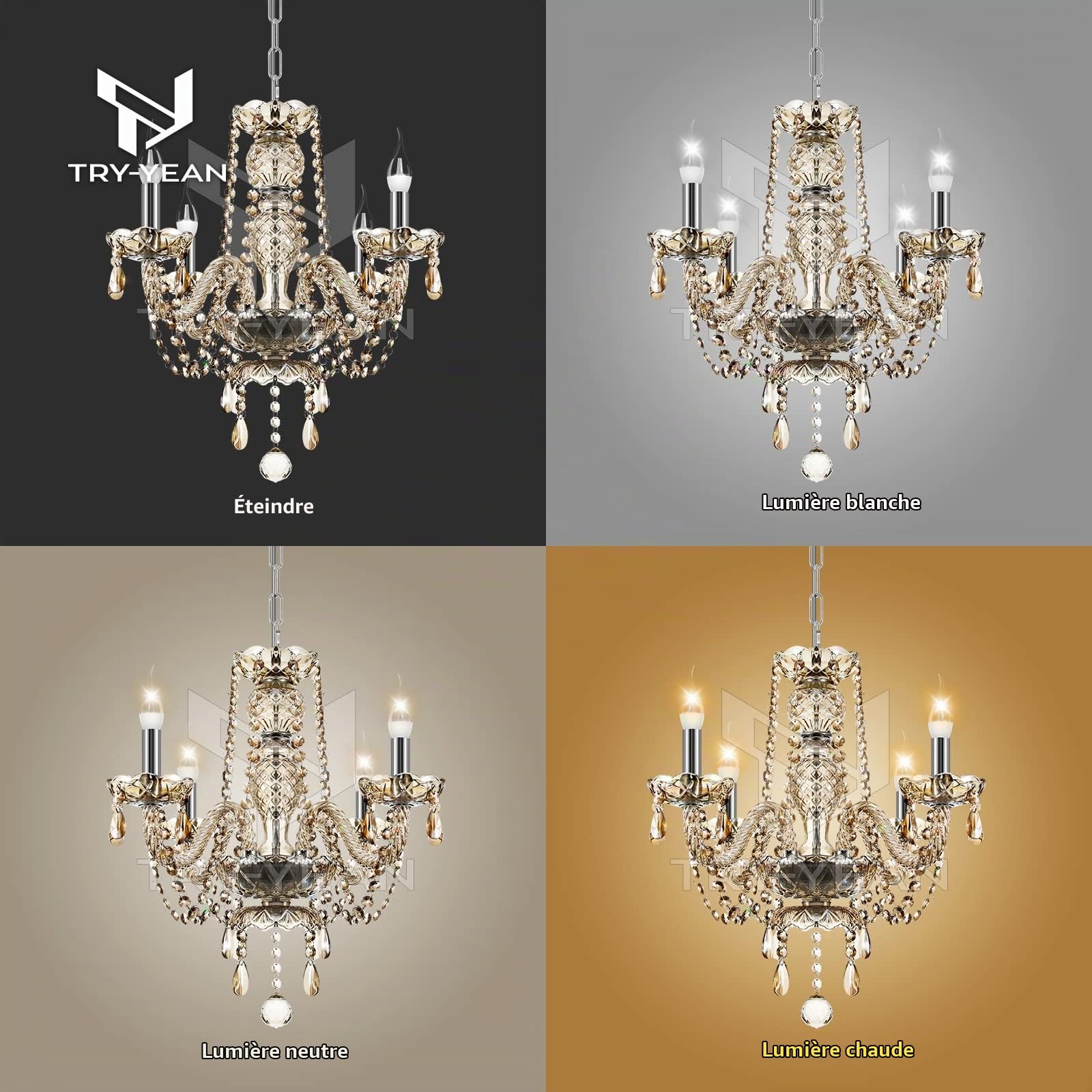 Lustre Cognac en Cristal 4 Bras Moderne Lampe de Plafond E14 Lustre Cristal K5 Suspension Pampilles 56cm avec Chaîne Réglable pour Salon Chambre Entrée De Couloir