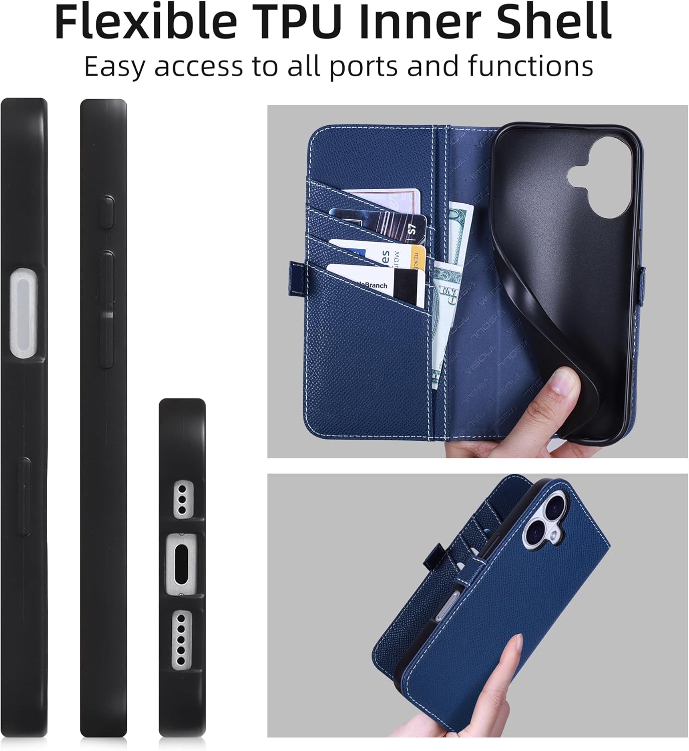 VISOUL Compatible with iPhone 16 Plus Wallet Case, Genuine Leather Phone Case Wallet Card Holder Magnetic Closure Kickstand Flip Cover Designed for iPhone 16 Plus (6.7") Navy Blue-Magentic - Image 2