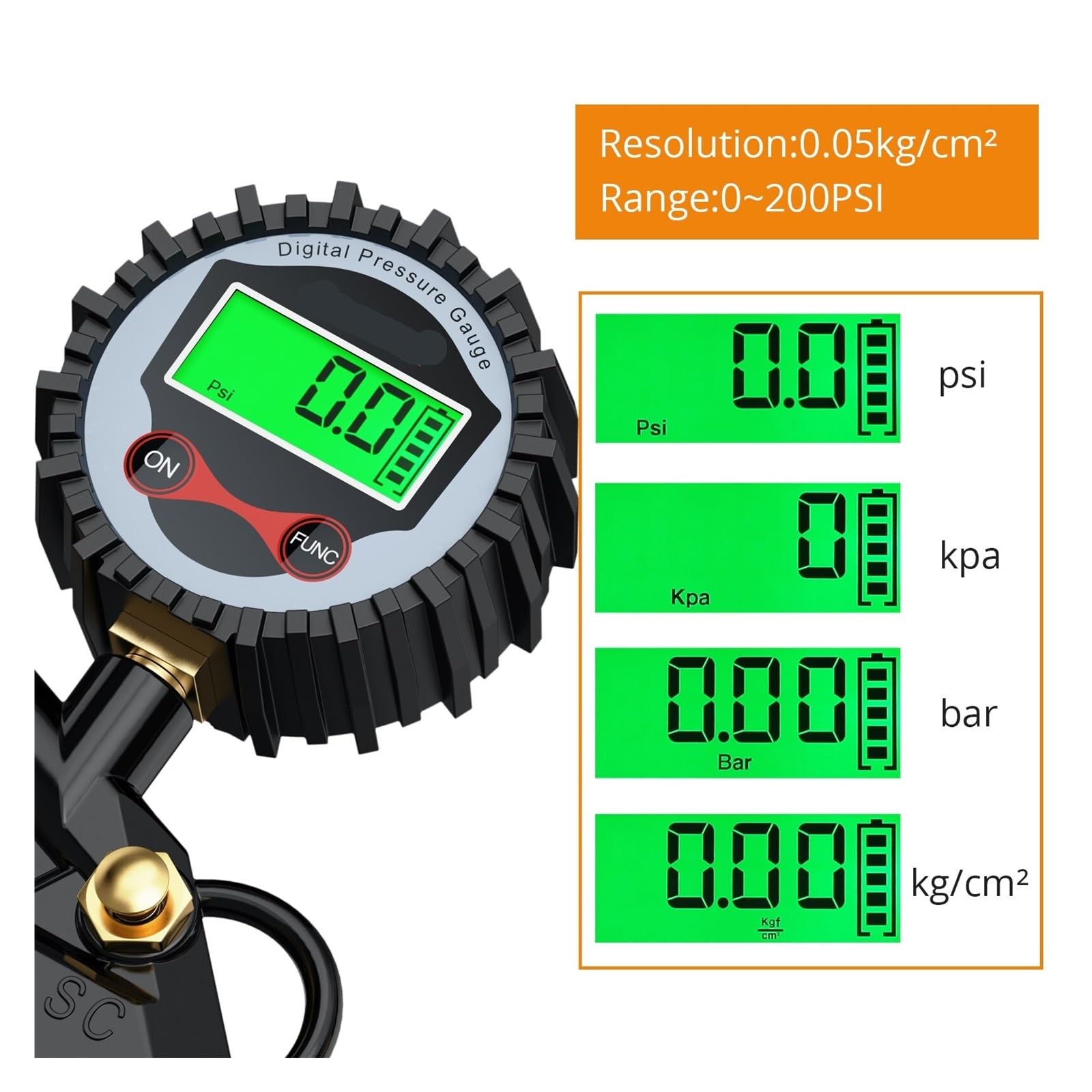 Manometro Pressione Acqua Manometro for la pressione dei pneumatici con display digitale, manometro for gonfiaggio, tester for veicoli retroilluminazione e 5 cappucci for valvole neri per Auto