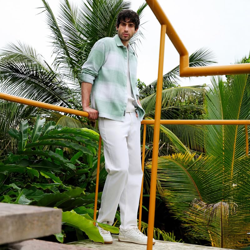 Image of CAHOOT Men Shirt | Spread Collar, Long Single-Button Cuff Sleeves | Button, Straight Hem | Plaid Twill | Woven Fabric for Casual Light Pistachio:Cream White