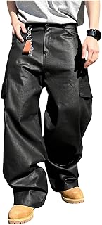 Men's Faux Leather Cargo Pants Y2K Wide Leg Baggy Trousers Straight Leg Leather Pants