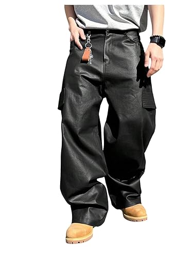 Men's Faux Leather Cargo Pants Y2K Wide Leg Baggy Trousers