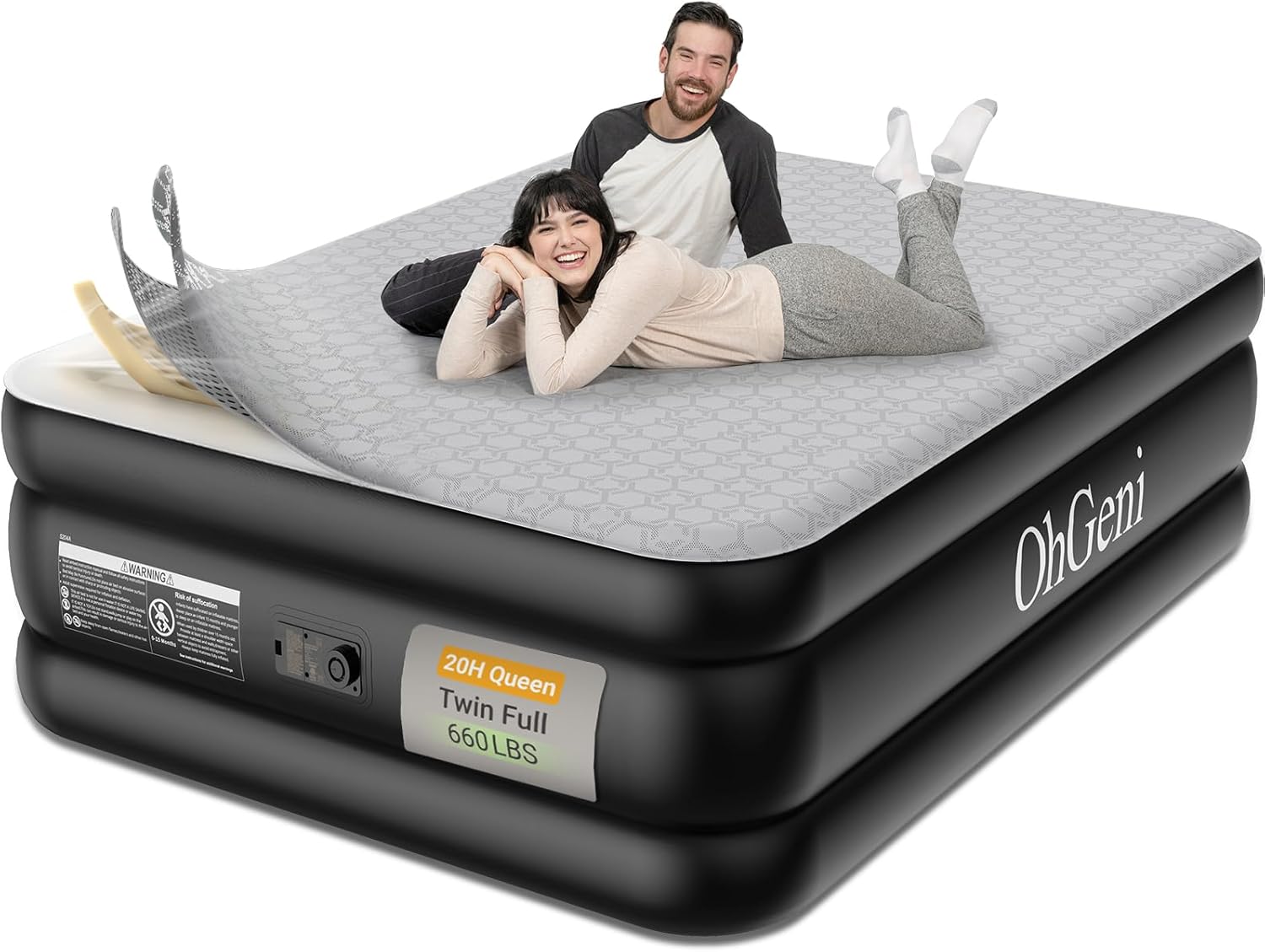 OhGeni 20" Luxury Queen Air Mattress with Built-in Pump, Inflatable Bed with Silk Foam Topper for Superior Comfort, Premium Blow-Up Mattress for Home, Camping & Guest, Easy Setup, Extra Support, Black Queen 20" H