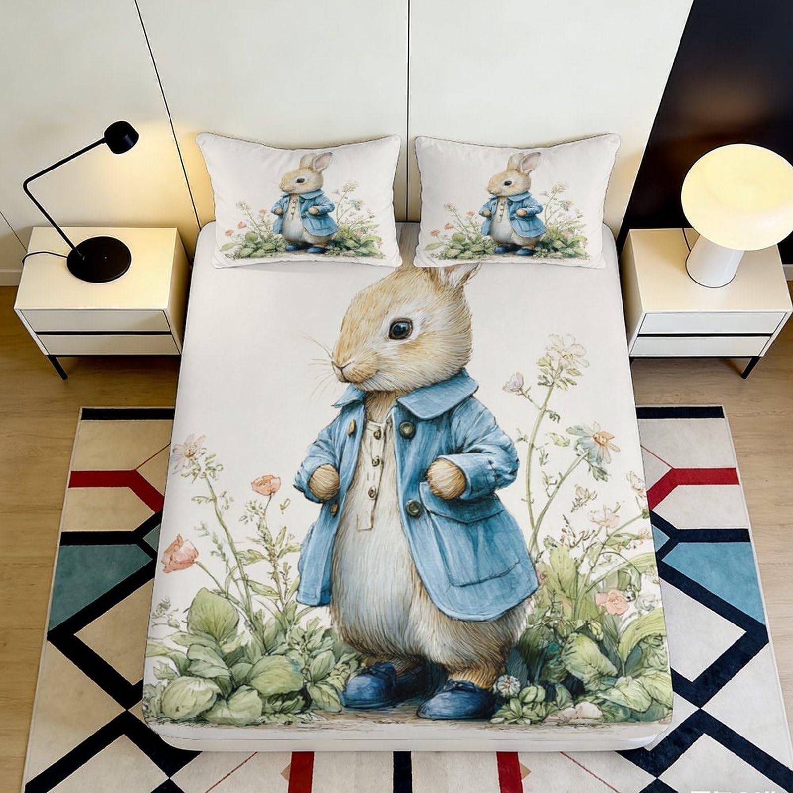 3D Printed Peter Rabbit Fitted Sheet Microfiber Soft Breathable Cartoon Bunny Bed Cover for Bedroom Dormitory Guest Room Mattress Protection Decor 180x200x25cm