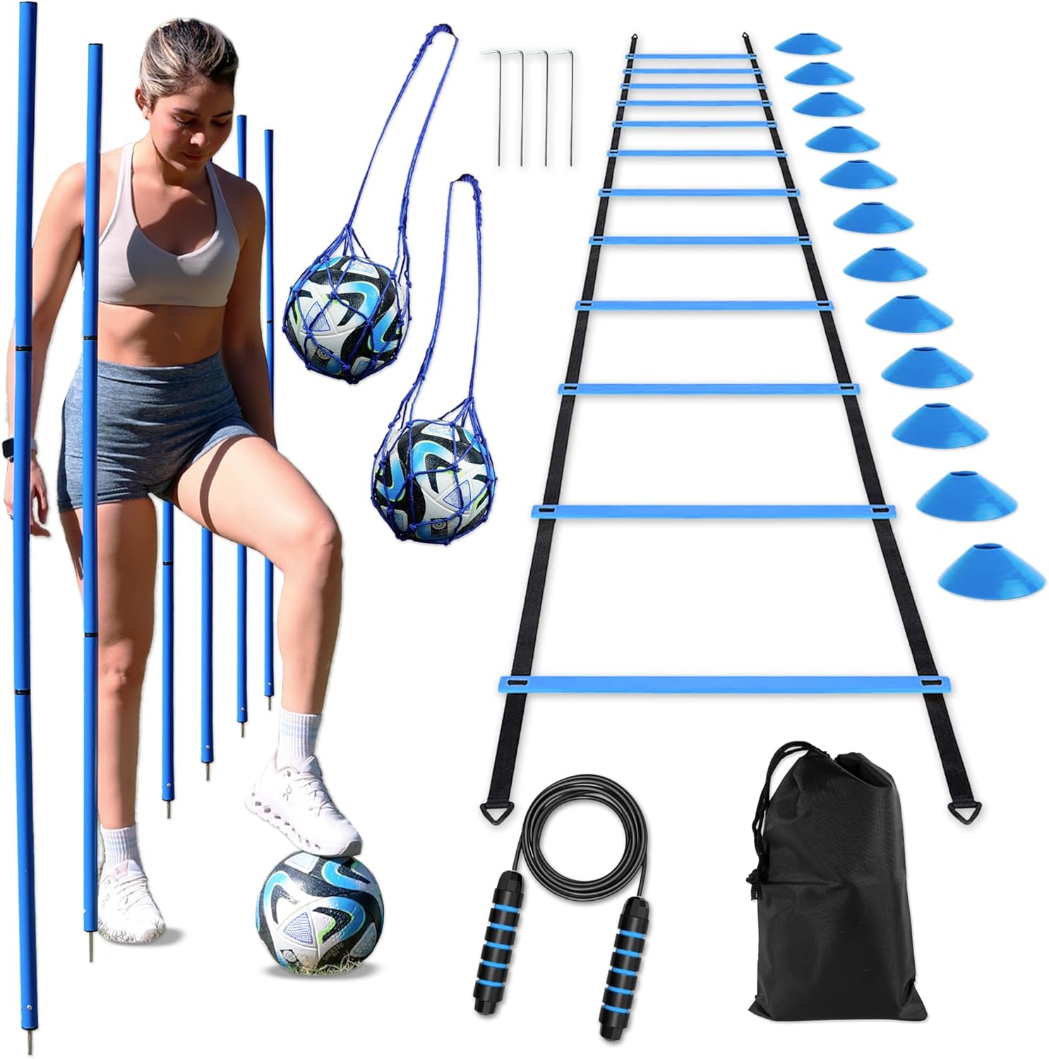 Agility Training Poles Soccer Equipment Set: 6 Poles, 2 Kick Solo, Ladder, 12 Cones, Jump Rope – Speed & Agility Training for Soccer, Basketball, Kids