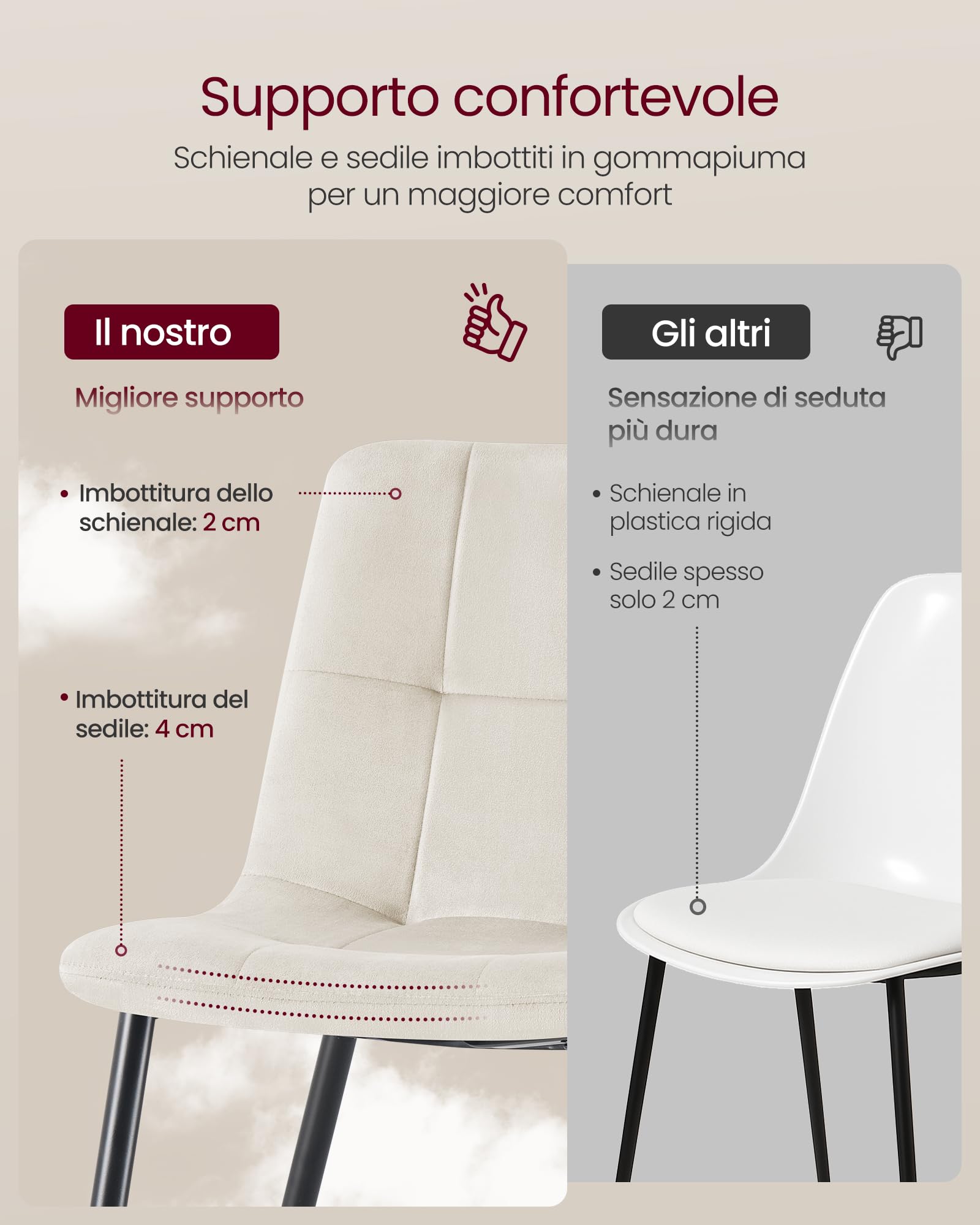 VASAGLE Sedie da Pranzo in Velluto, Portata 120 kg Ciascuna, Sedie da Cucina Imbottite con Piedini Regolabili, Moderno, per Soggiorno, Set di 4, Beige Cappuccino KDC080LH01
