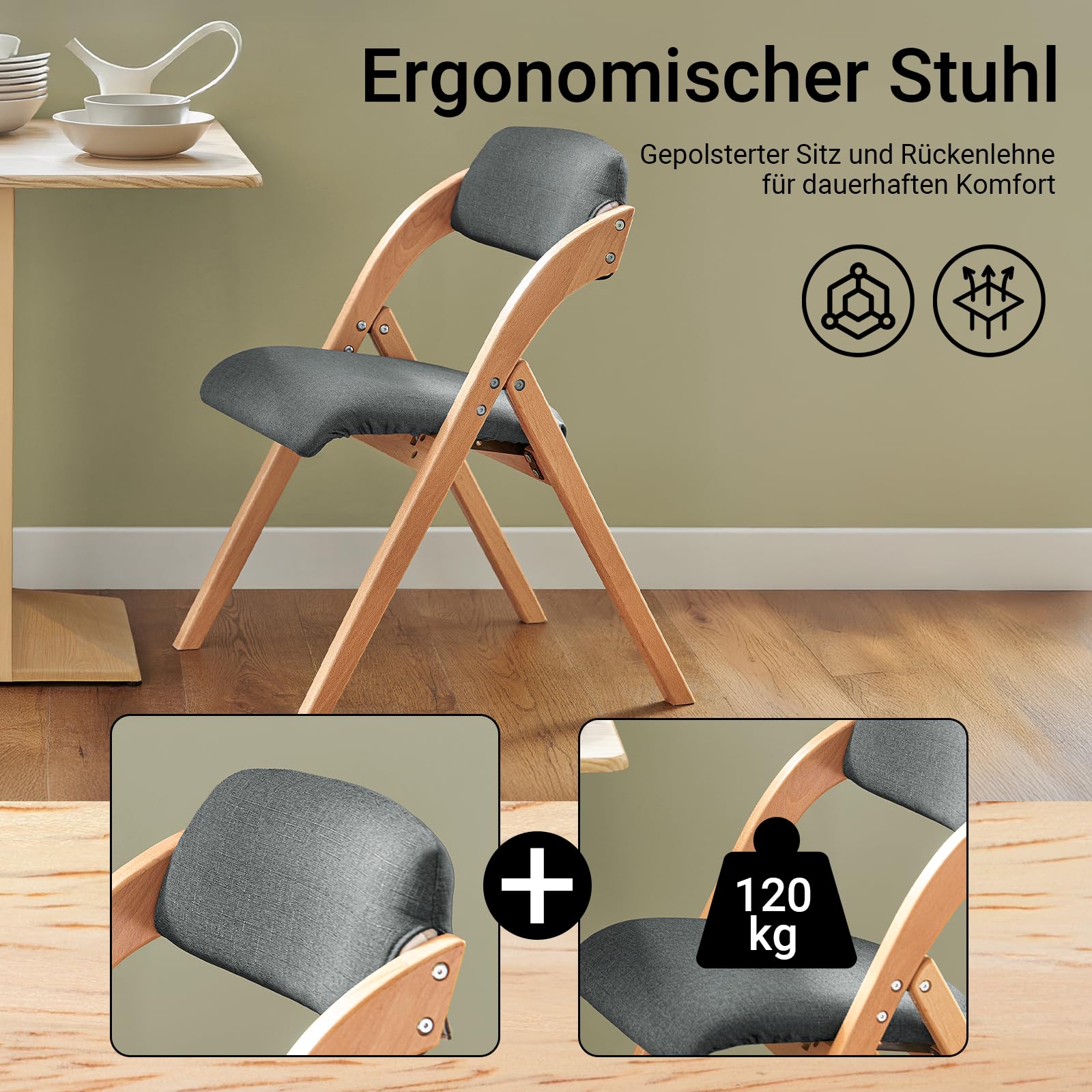 SoBuy Klappstuhl Holz gepolstert 2er Set - Ergonomischer Küchenstuhl & Esszimmerstuhl, Faltbar & Platzsparend, Fertig Montiert, Für Küche, Balkon, Büro, Dunkelgrau 47,5 x 77 x 59 cm FST92-SGx2