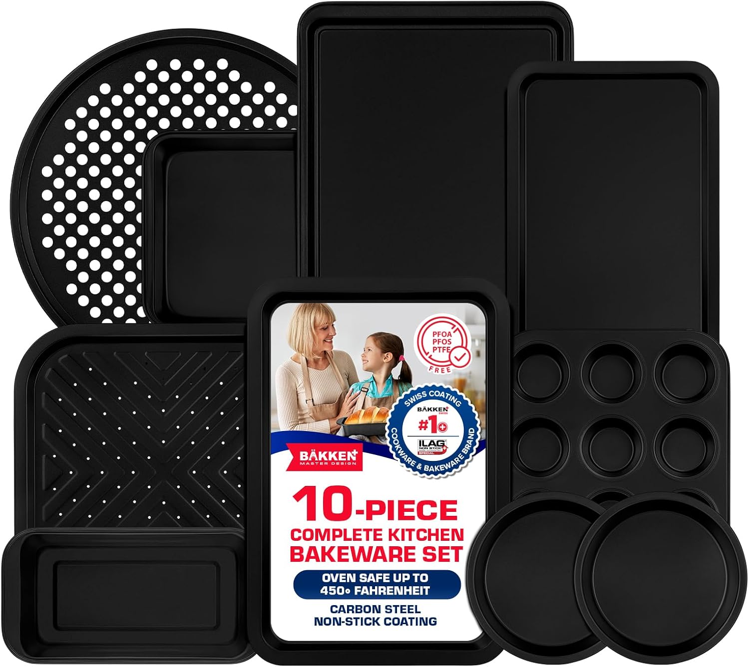Baking Set – 10 Piece – Deluxe Non Stick Black Coating Inside and Outside – Carbon Steel Bakeware Set – PFOA PFOS and PTFE Free by Bakken Baking Set – 10 Piece – Deluxe Non Stick Black Coating Inside and Outside – Carbon Steel Bakeware Set – PFOA PFOS and PTFE Free by Bakken