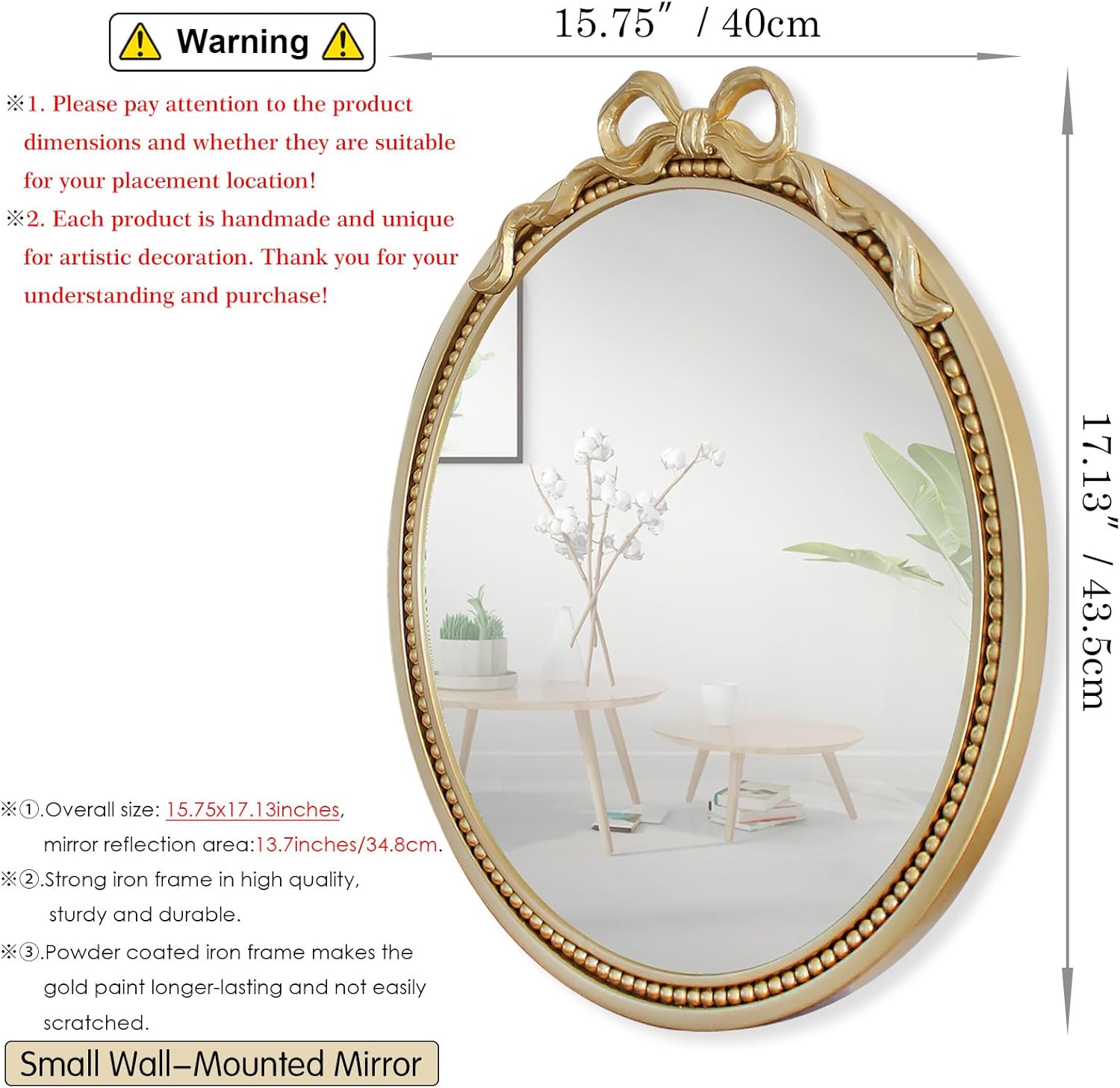 15.75" Small Gold Bow Decorative Round Mirror,Metal Frame Hanging Circle Mirror, Wall Mounted for Entryway, Bathroom, Interior/Room Decoration, Living Room(Mini Size)