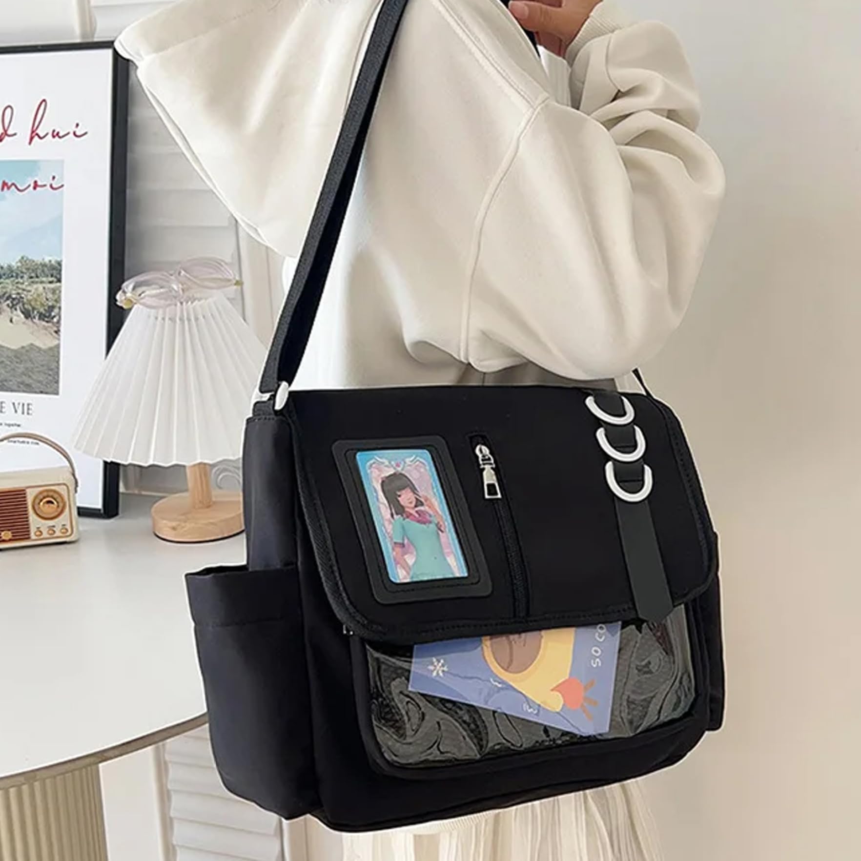 Borsa ITA, Borsa da Scuola Giapponese Kawaii a Tracolla in Nylon Nero ITA con Tasca con Display a Spilla Tracolla Regolabile di capacità per Gilrs Women