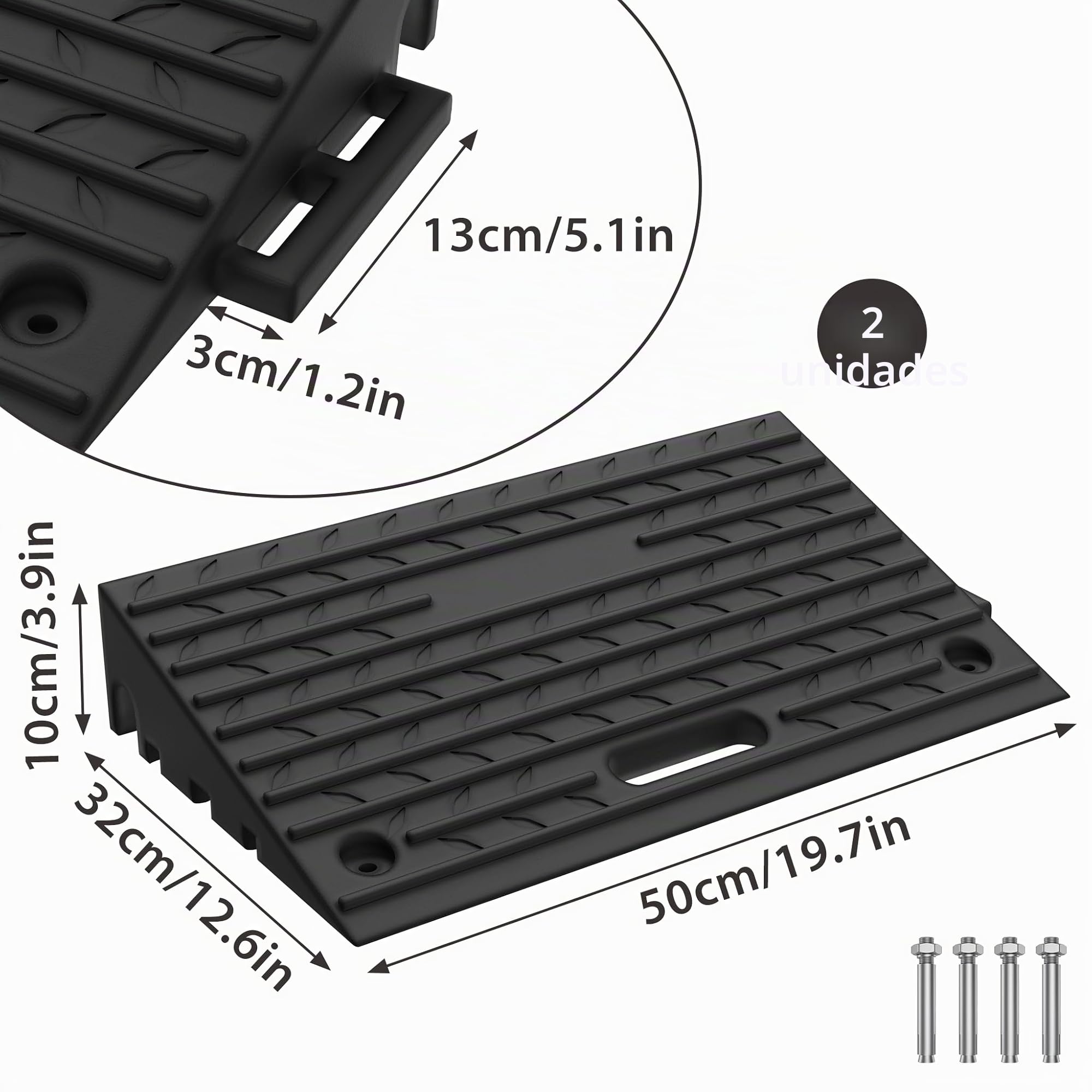 FIVMEN 2 rampas de goma para bordillos, 10 cm de alto, portátiles, con perno de expansión, rampa para silla de ruedas, ayuda para la entrada de la acera, motocicleta o coche