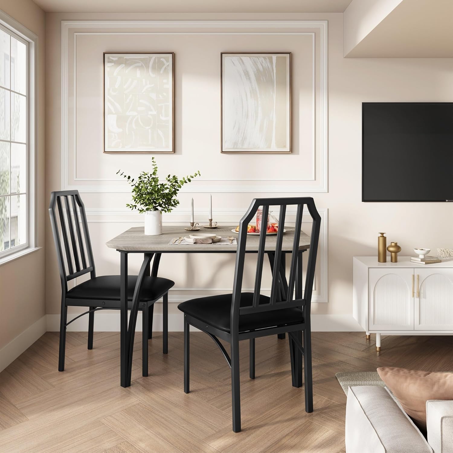 Ensemble Table à Manger 3 Pièces avec 2 Chaises Rembourrées, Métal et Bois, pour Petits Espaces