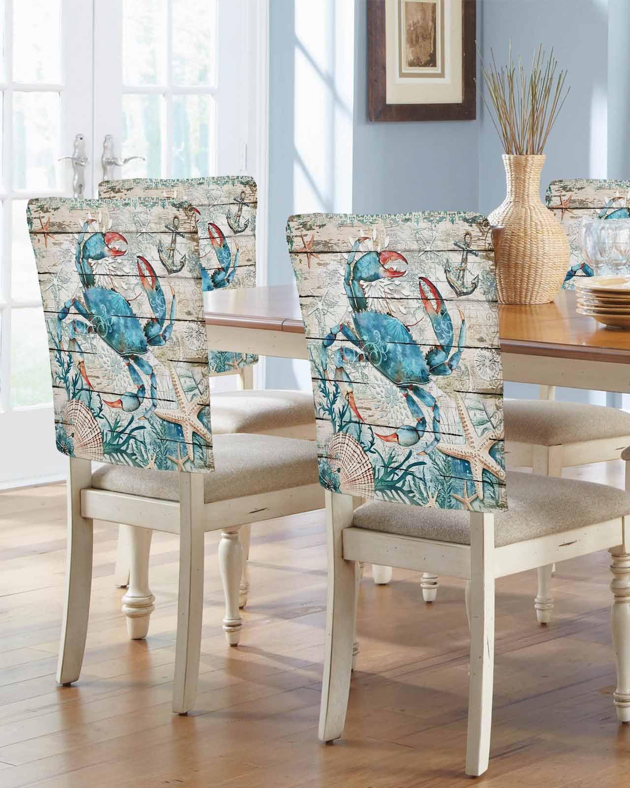 Wowouhiya Teal Crab Coastal Chair Covers Set of 4 for Dining Room, Summer Beach Chair Back Cover, Nautical Starfish Shell Retro Removable Kitchen