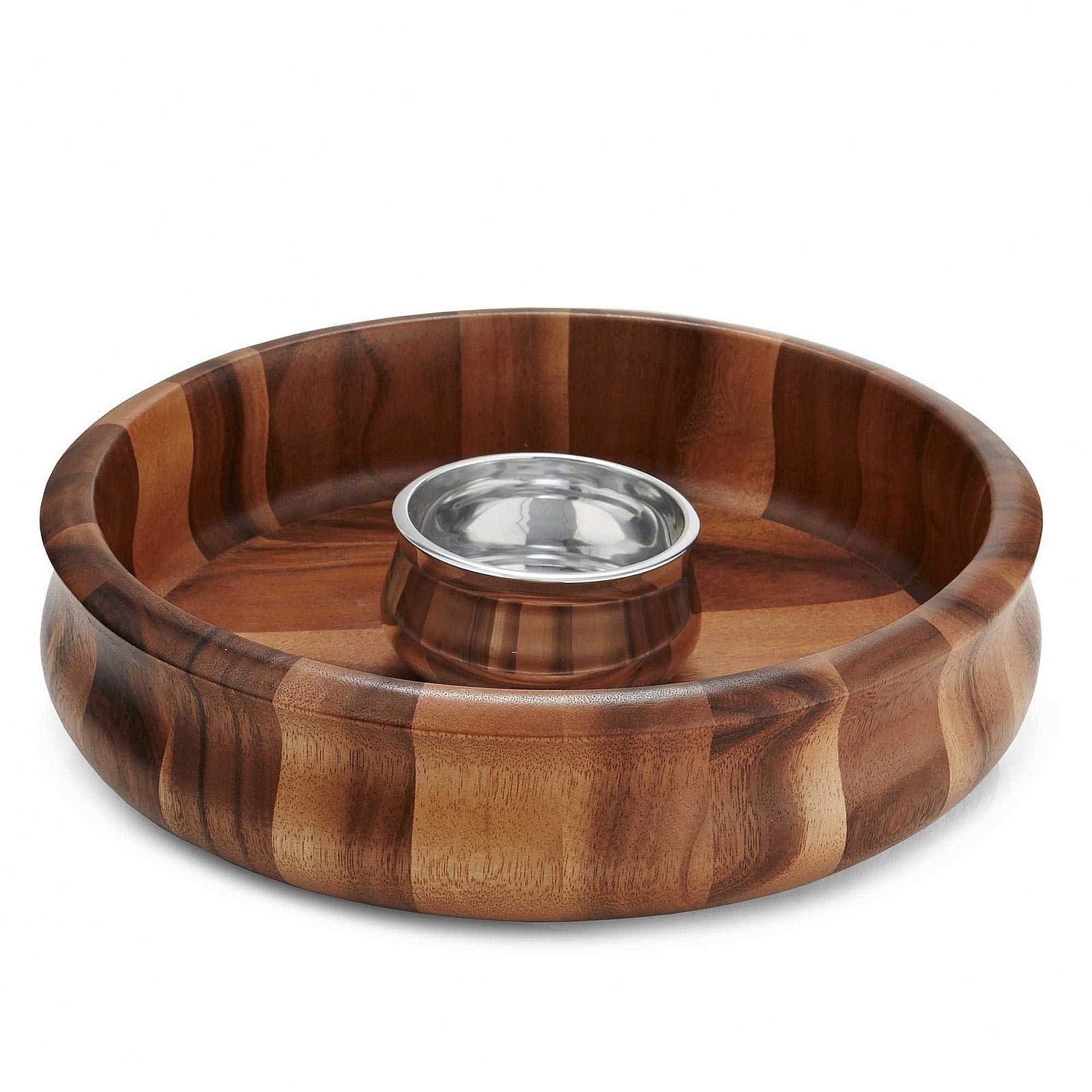 NambeNara Collection - Curved Chip & Dip Bowl 13" x 3.5" - Inner Mini Nambe Alloy Dip Bowl - Measures at 13" x 3.5" - Made with Nambe Alloy and Acacia Wood - Designed by Sean O'Hara