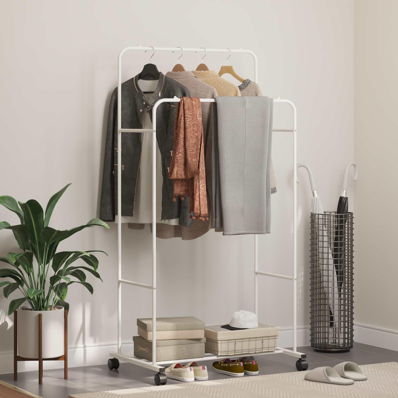Kleiderständer Uni Weiß 80 x 53 x 156 cm Metall Garderobenständer freistehend klappbar mit Rolle höhenverstellbar für Schlafzimmer Flur Ankleidezimmer schwerlast Aufbewahrung