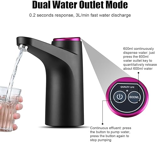 Miniatura 5 de Bomba de agua para jarra de 5 galones, dispensador de agua eléctrico para botella de 5 galones, bomba automática portátil recargable por USB con