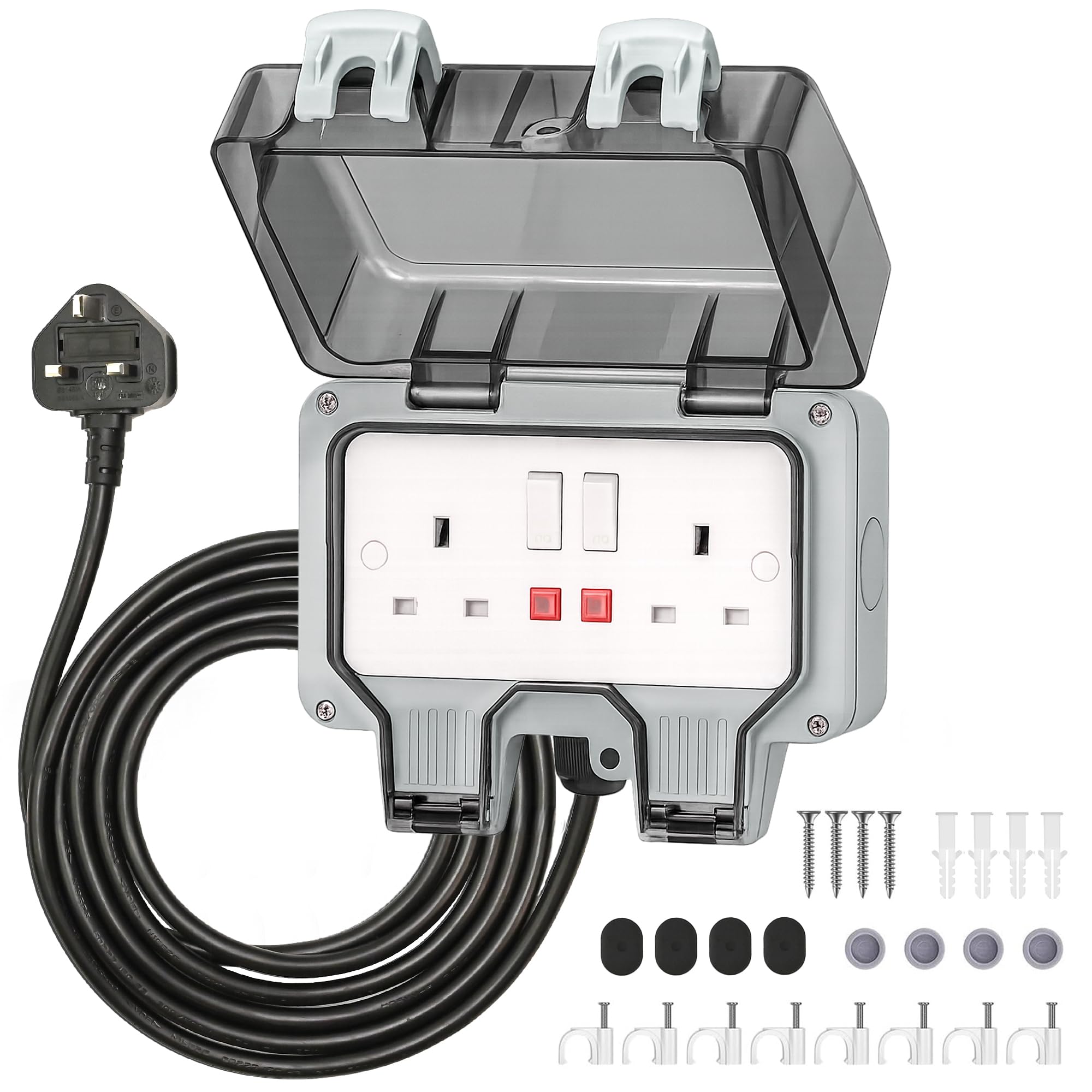 Desiretech Outdoor Double Switched Socket with 3m Cable – IP66 Waterproof & Dustproof Socket – 2 Gang Plug with LED Indicators – High Impact PC Housing – Weatherproof Power Outlet for Sheds & Garages