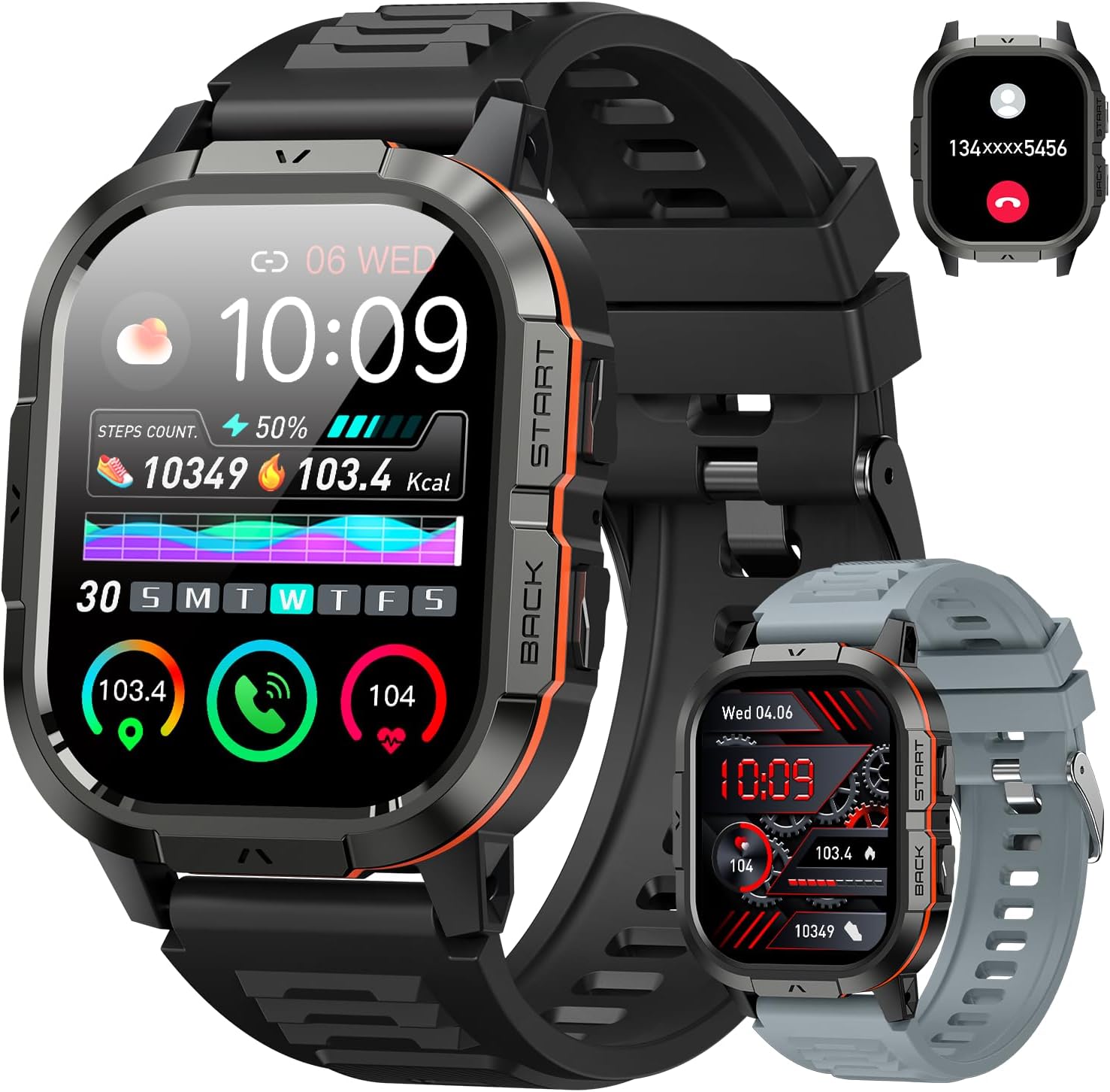 Smart Watch for Men Fitness Tracker: Make/Answer Call Military Smart Watches for Men Digital Watches Heart Rate Monitor Waterproof Running Smartwatch Android Phones iPhone Samsung Compatible 2 Bands