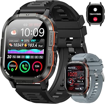 Smart Watch for Men Fitness Tracker Make/Answer Call Military Smart Watches for Men Digital Watches Heart Rate Monitor Waterproof Running Smartwatch Android Phones iPhone Samsung Compatible 2 Bands