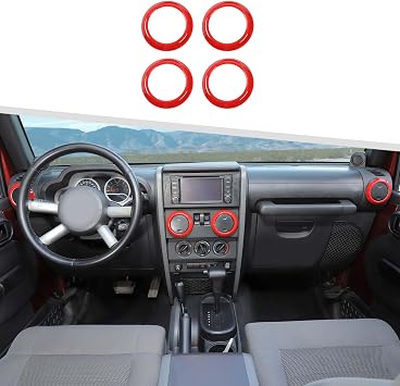 Jimen Compatible with Jeep Wrangler JK & Unlimited 2007-2010, 4PCS Center Console Dash Air Conditioning Outlet Cover AC Vent Ring Interior Trim Accessories Red