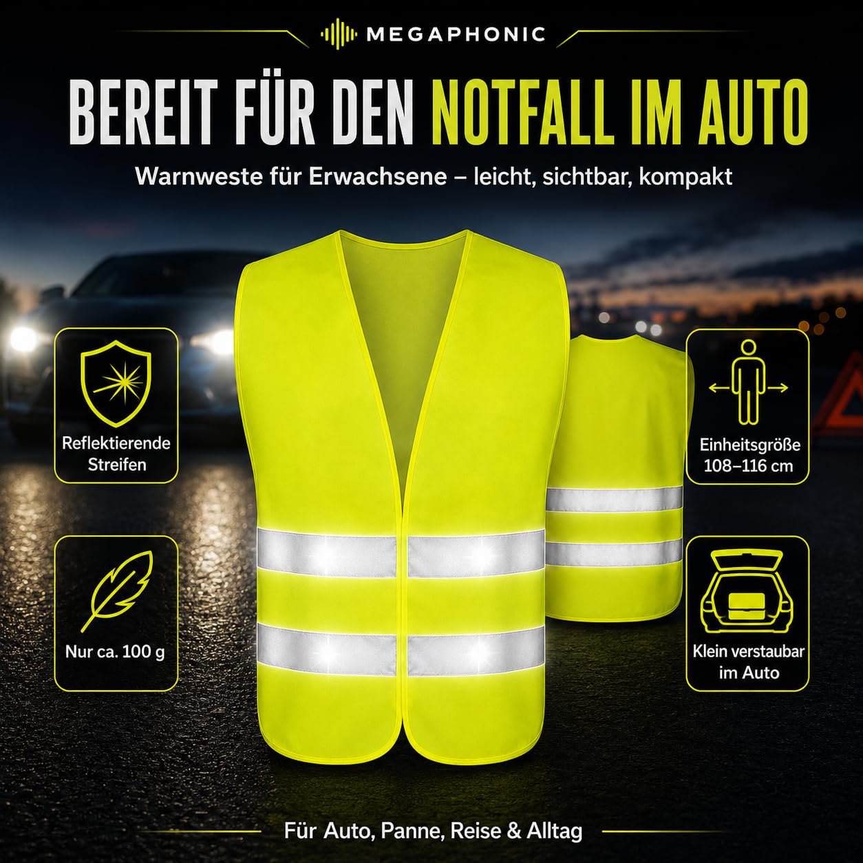 MEGAPHONIC Warnwesten Auto – Reflektierende Auto Warnweste für Kfz, Panne, Notfall & Sicherheit, Warnweste Auto in verschiedenen Packungsgrößen