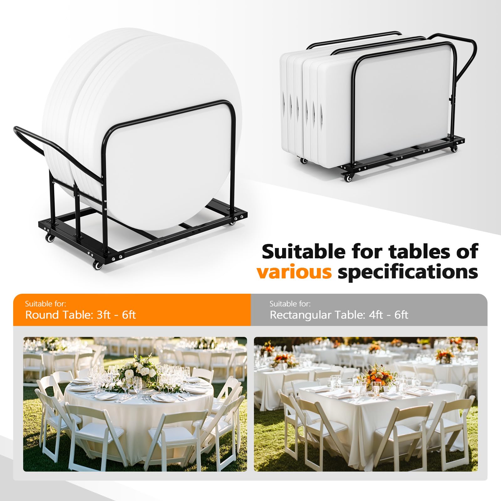 Heavy Duty Folding Table Cart – 1800 LBS Capacity, 5 PU Swivel Wheels, For Moving Tables & Drywall