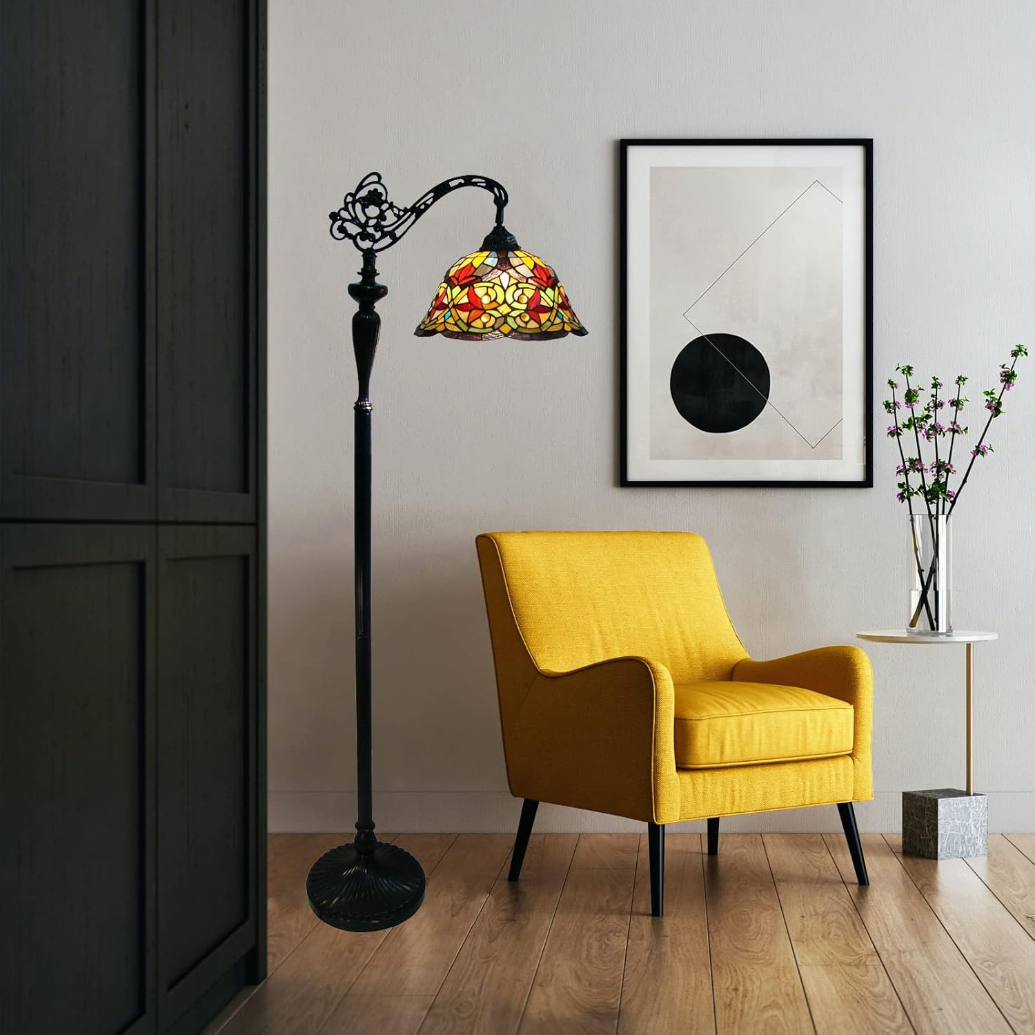 Red Yellow Tiffany Style Stained Glass 60" Tall Arched Floor Lamp Reading Light Decor for Bedroom Office Home Living Room JF1220N