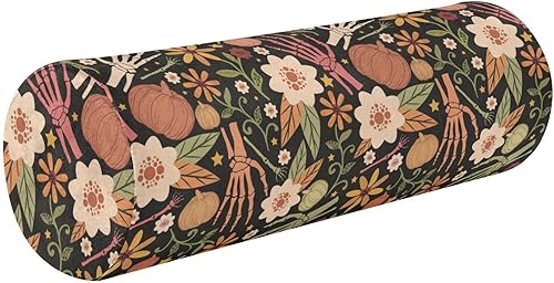 Almohada de almohada floral de huesos de Halloween para piernas, almohada de espuma para el cuello, almohada redonda, almohadas cilíndricas, soporte
