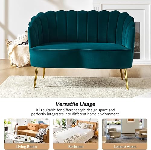 Miniatura 51 de HULALA HOME Moderno sofá biplaza de terciopelo con respaldo en forma de flor, cómodo sofá tapizado de 2 plazas con patas de metal dorado, sofá