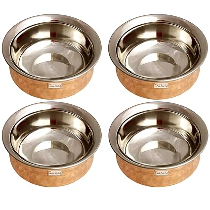 Prisha India Craft Hammered Steel Copper Casserole Donga, 500 ML, Set of 4