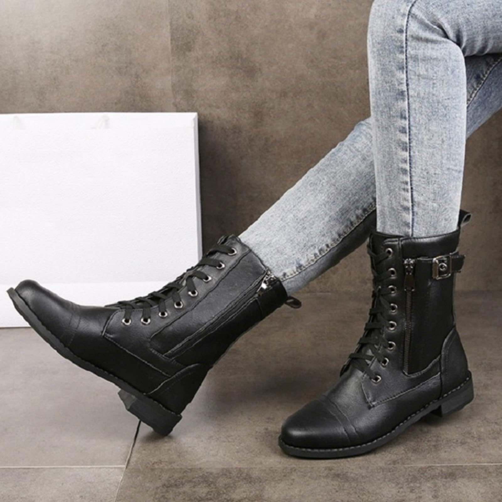 Botines para mujer con tacón de piel – Botines con cordones de piel sintética Botas de saltar de punta redonda Botas de equitación de media altura antideslizante Botas de invierno Botas de moto con