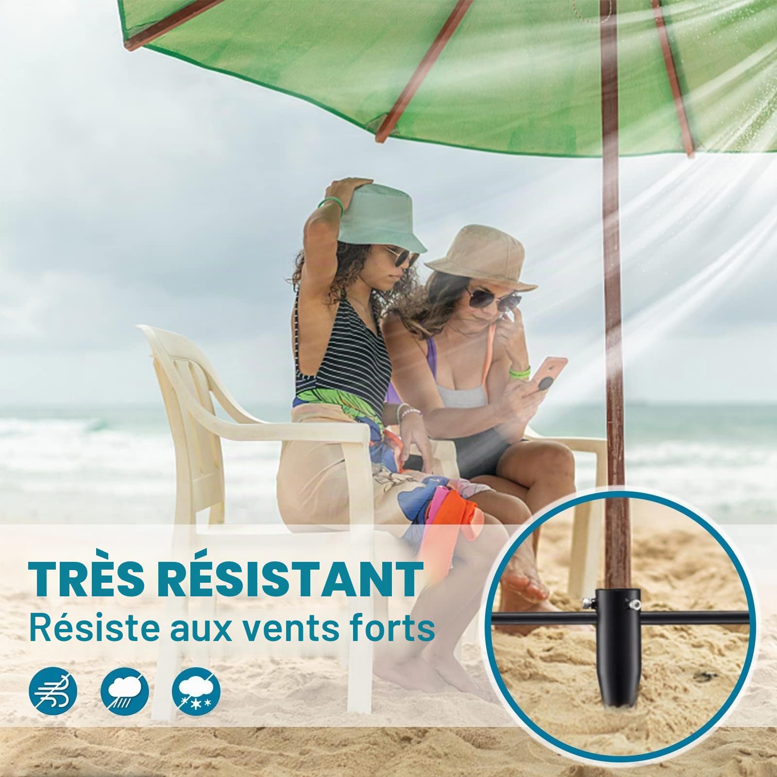Lot de 2 piquets d'ancrage au sol pour parasol de plage avec base en spirale en métal Noir 43 cm | Ancrage au sol réglable pour poteaux de parasol de 2,5 à 5,5 cm, convient pour le jardin, la plage, la pelouse et la terrasse