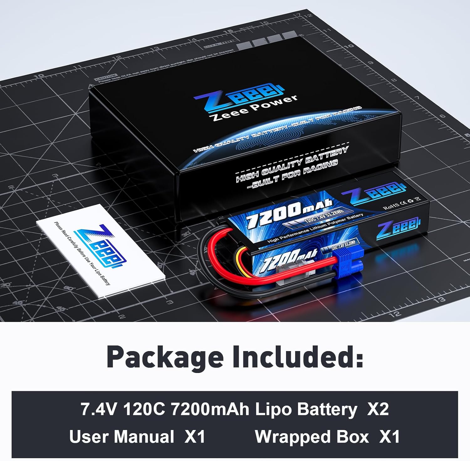Zeee 2S Lipo Battery 7200mAh 7.4V 120C Hard Case RC Battery with EC3 Connector for RC Car Truck Truggy Buggy Tank 1/10 Scale Racing Models(2 Pack)