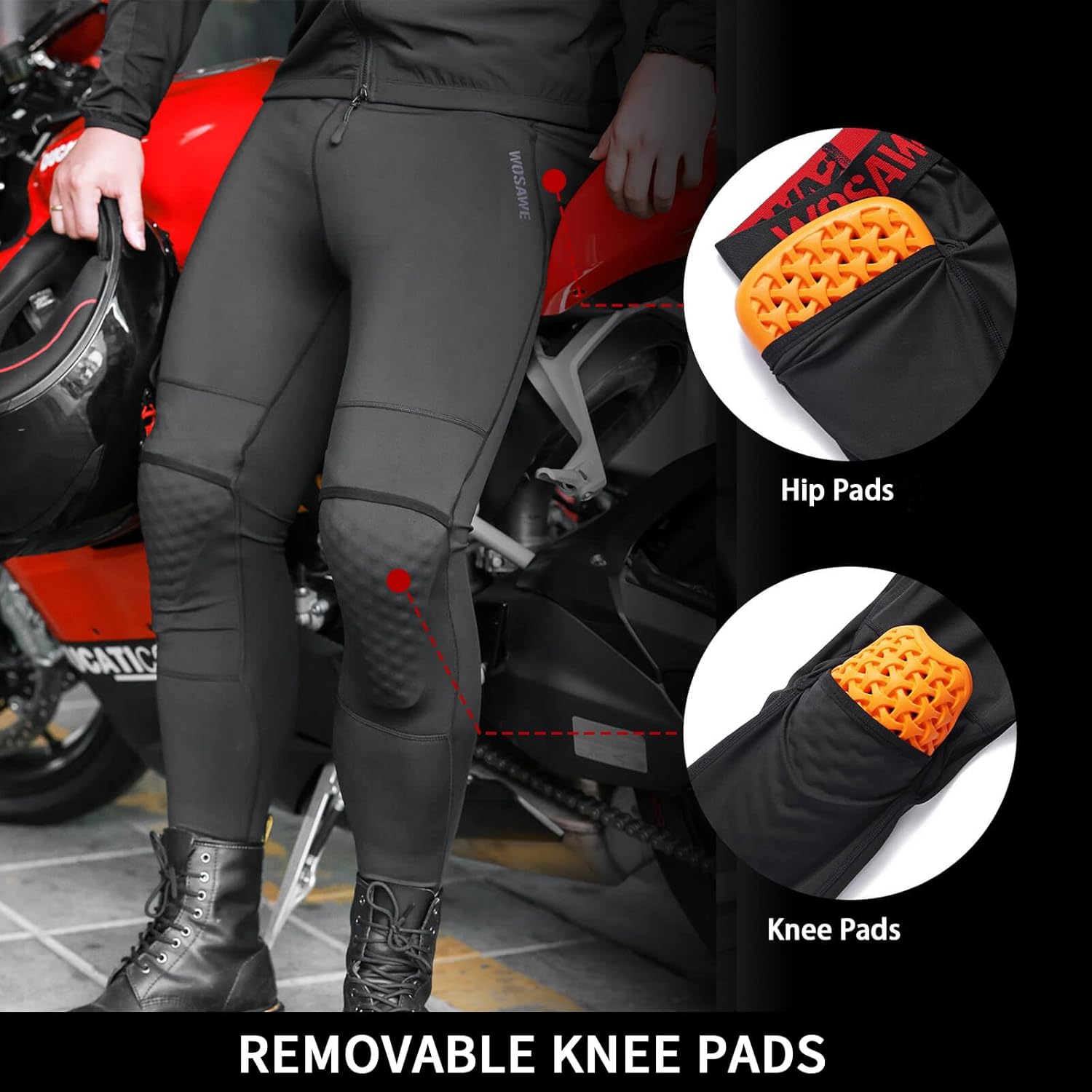 WOSAWE Mens Summer Motorcycle Pants with Knee Pads Insert Motorbike Riding Elastic Slim Fit Biker Legging