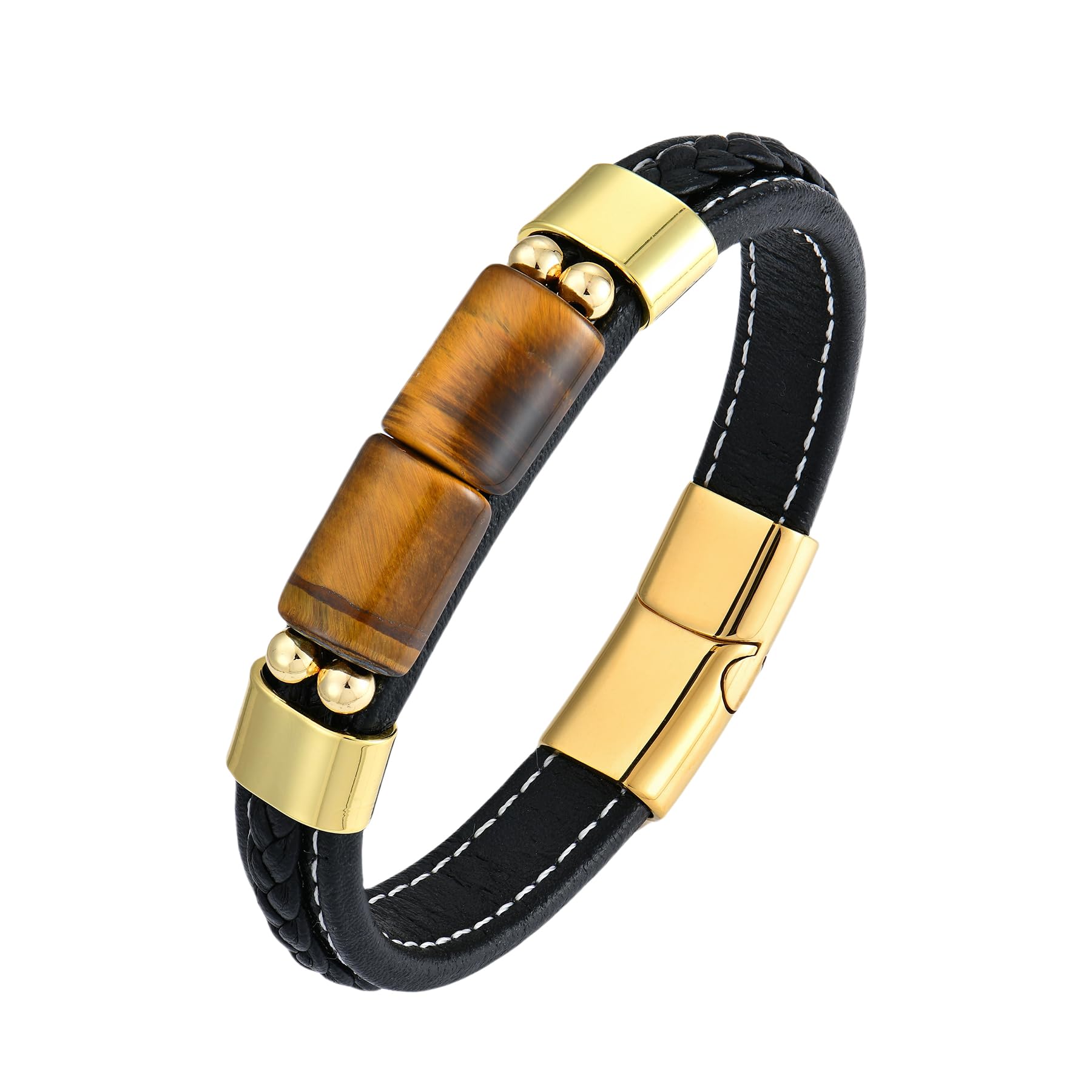 Starchenie Men's Tiger Eye Leather Bracelet - Black Braided With Stainless Steel Buckle - View #7