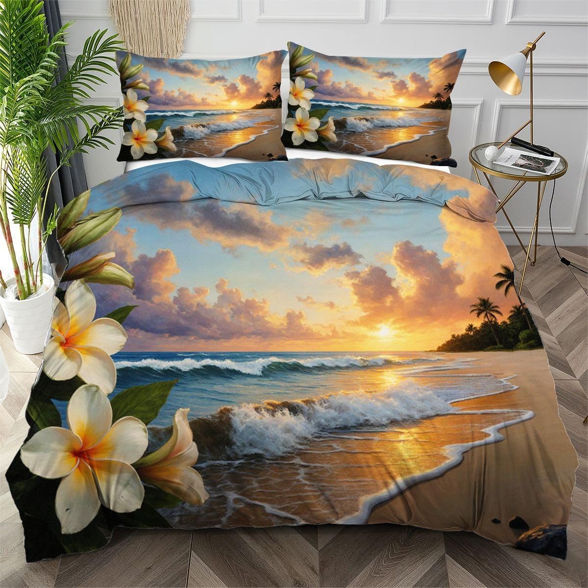 Parure de lit fleurs jaunes 160x200 avec fermeture éclair pour un enfilage facile