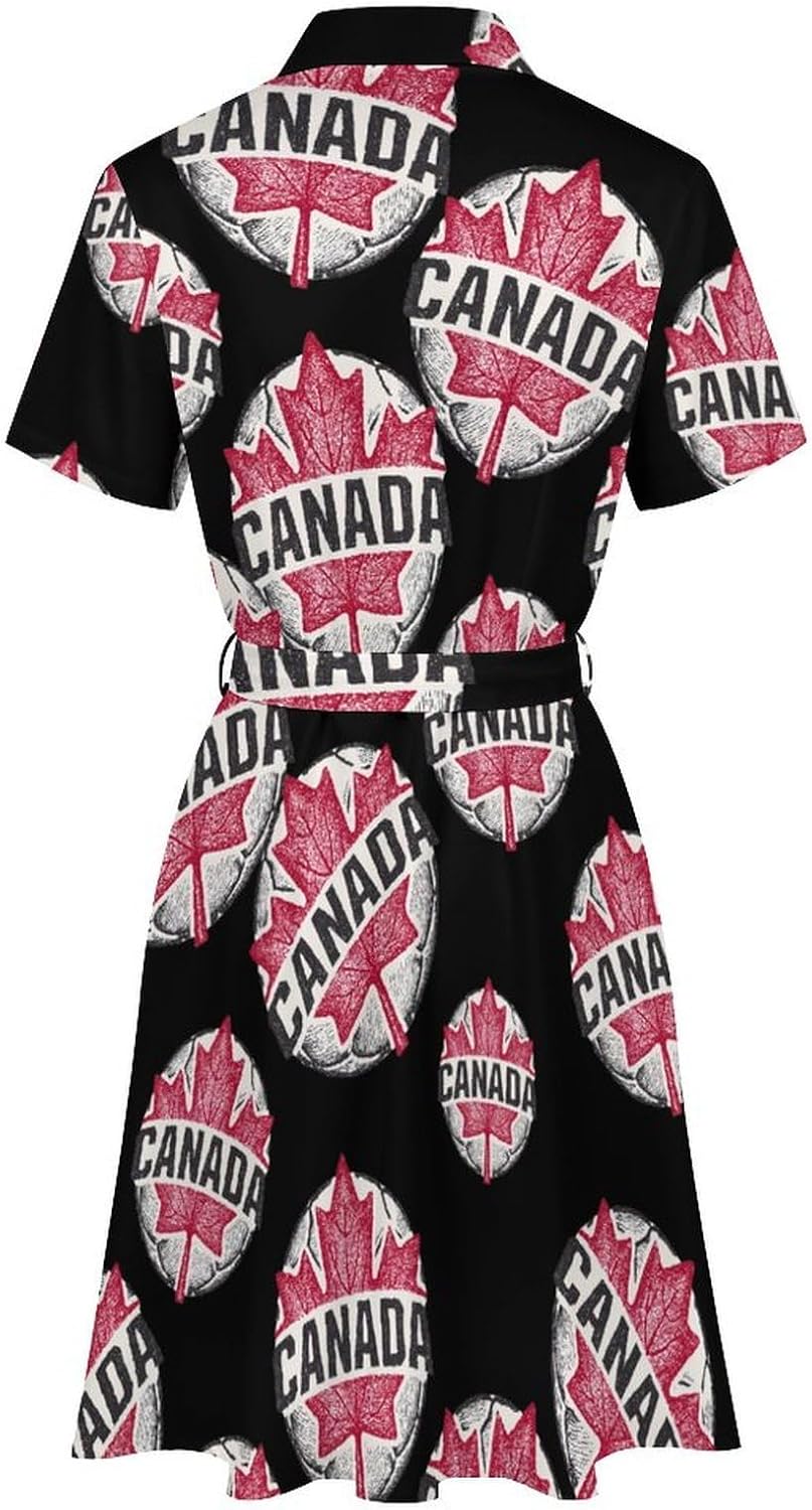 Canada Soccer Maple Leaf Shirt Dresses for Women Casual Mini Short Sleeve Button Down Dress with Belt