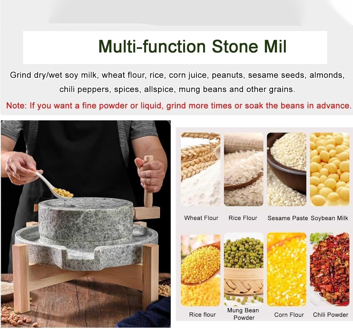 Hand Grain Mill Stone - Handmade Stone Grinder with Wooden Stand, Hand Crank Wet Grain Grinder, Household Se & Grain Pulverizer for Wheat, Rice, Beans, Seeds, and SES