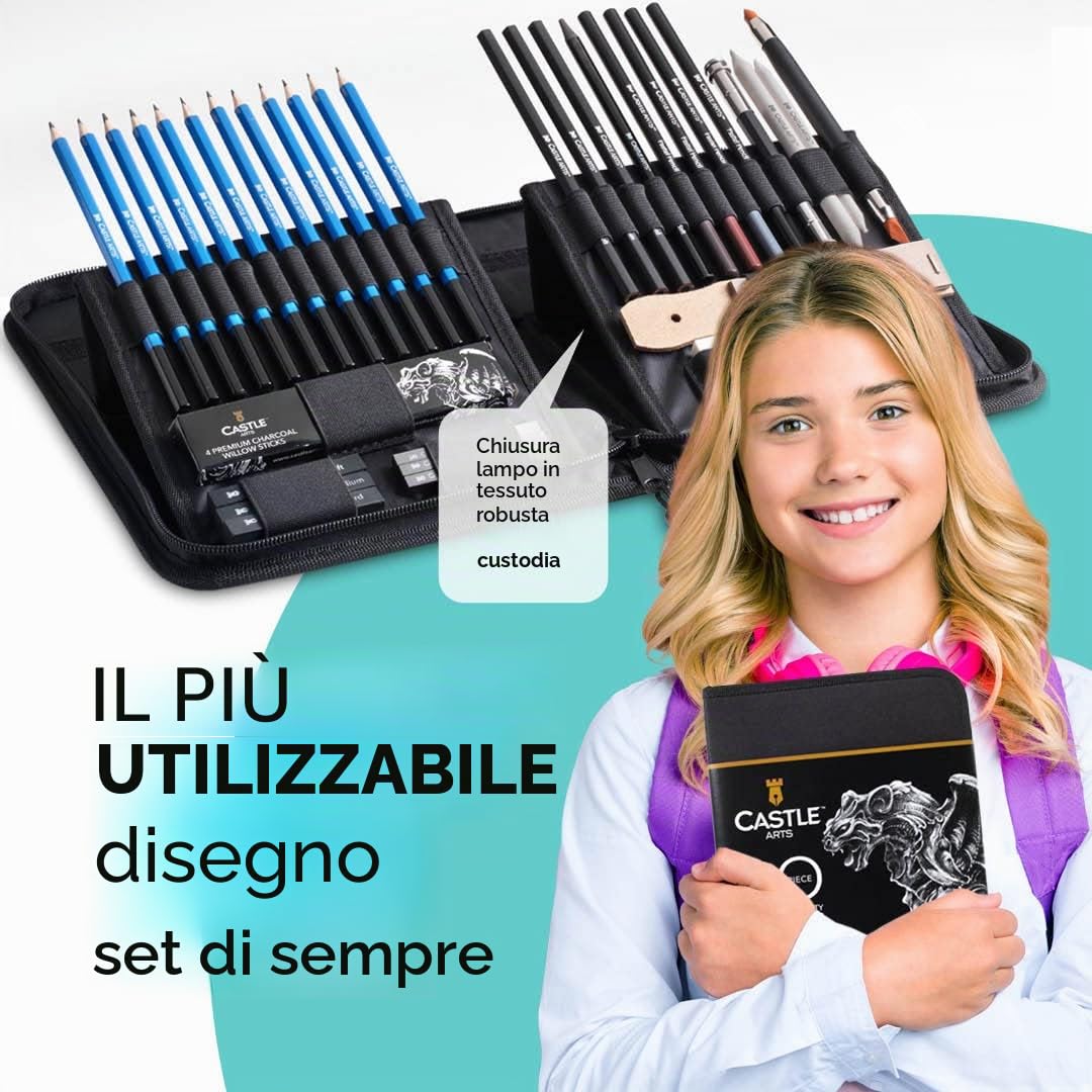 Castle Art Supplies Set 40 Pezzi per Disegno e Bozzetto Dotato di Guida | Per Artisti | Matite, Carboncini, Grafiti e Molto Altro | Con Custodia Cernierata di Trasporto