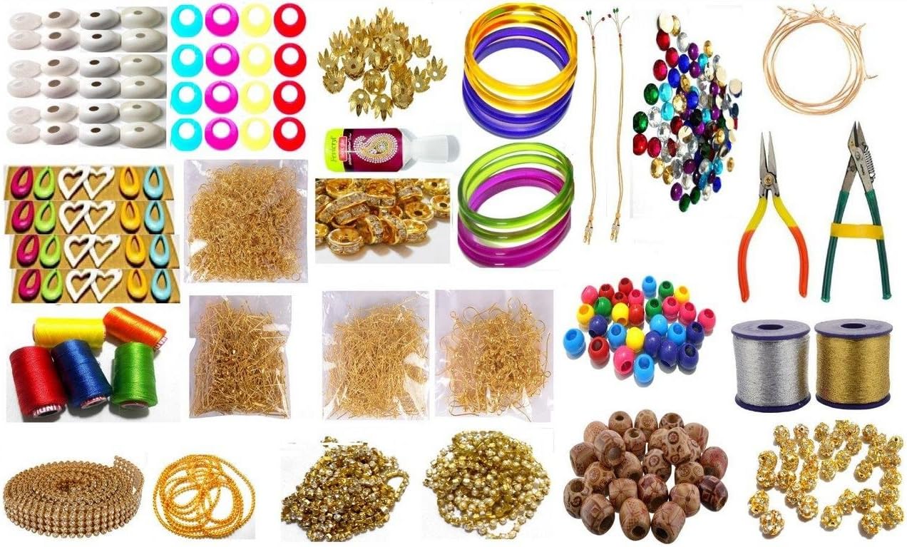 Goelx Silk Thread Jewellery Making Premium Quality Kit with Silk Thread, Zari Thread, Stone Ball & Tools (26 Items) - Silk Thread Colours Pink, Blue, Green, Yellow & Cream, Bangle Size - 2.2