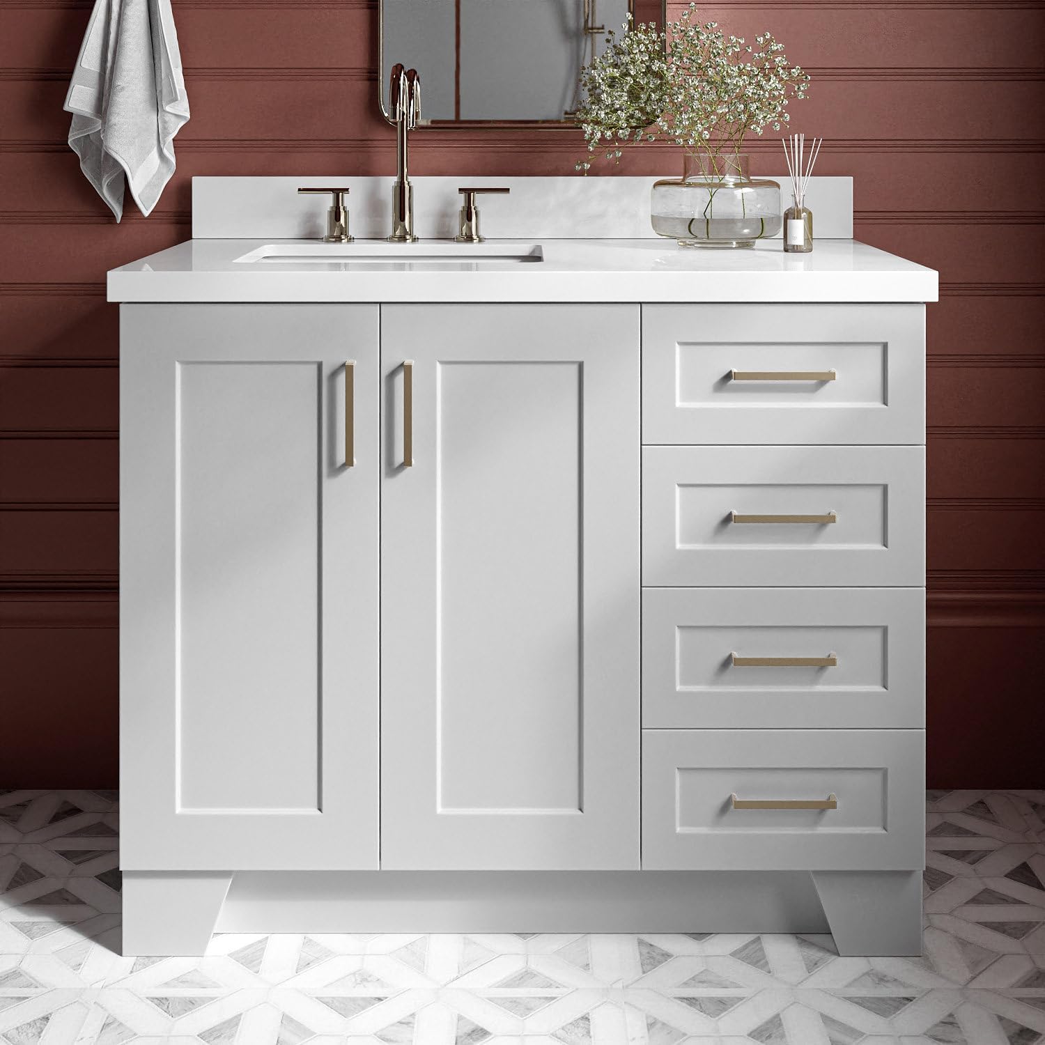 ARIEL Taylor 42-inch Bathroom Vanity with Sink,Solid Wood, 1.5-inch Pure White Quartz Countertop & Backsplash, Single Rectangular Porcelain Sink, 2 Soft Closing Doors, 5 Dovetail Drawers, Grey
