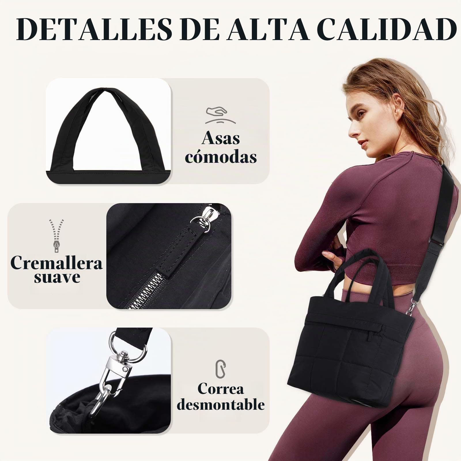 VASCHY Tote Bag Mujer Acolchada Pequeña, 28 x 15 x 27 cm, con Múltiples Bolsillos y Correa Desmontable, para Shopper Diario y Universidad