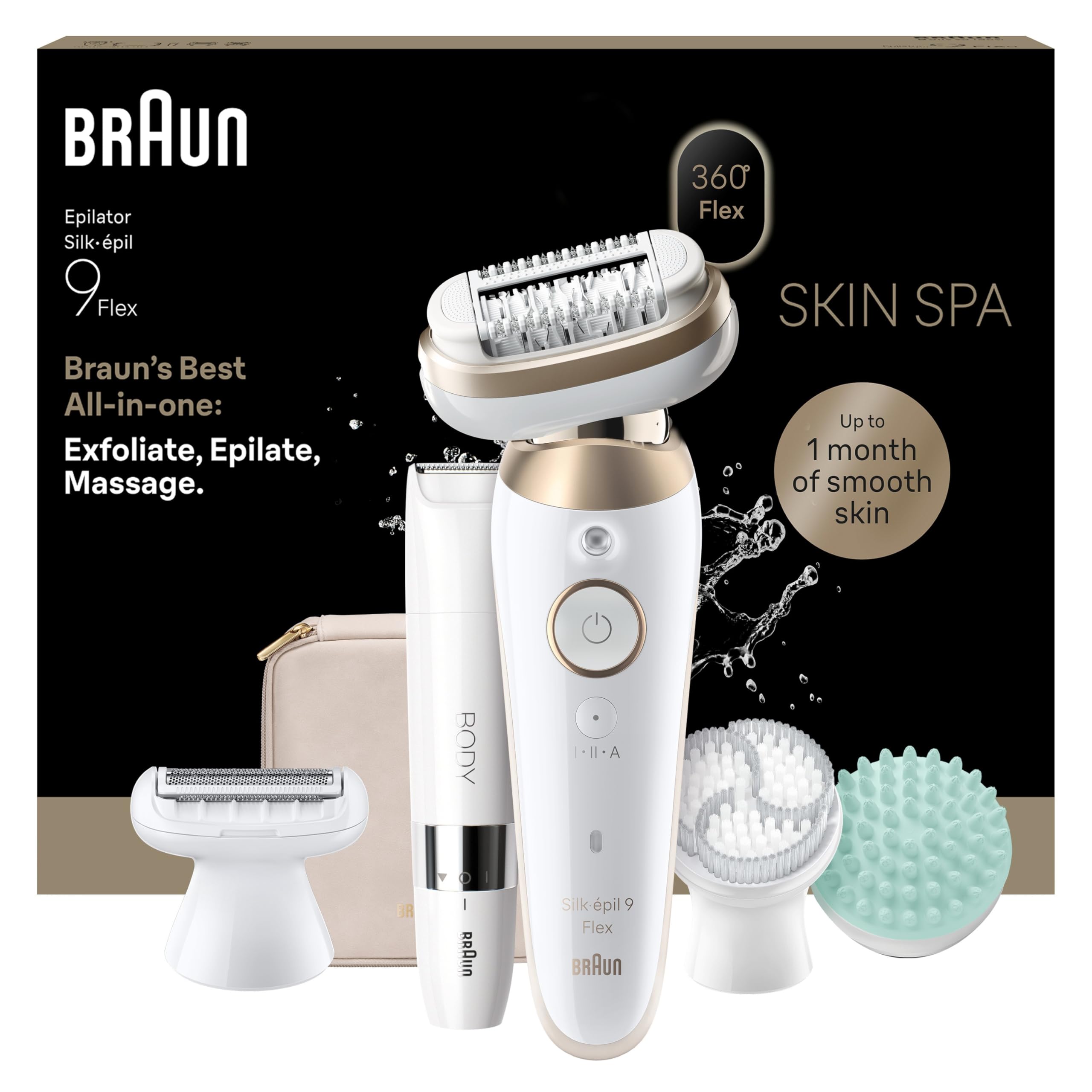 Braun Epilator Silk-épil 9 Flex SkinSpa, Hair Removal Device, 360 Flex and Pivoting Head, Wet and Dry, Includes Shaver Head, Trimmer Comb, Massage Pad, Exfoliation Brush and BodyTrimmer, SES9-481 3D